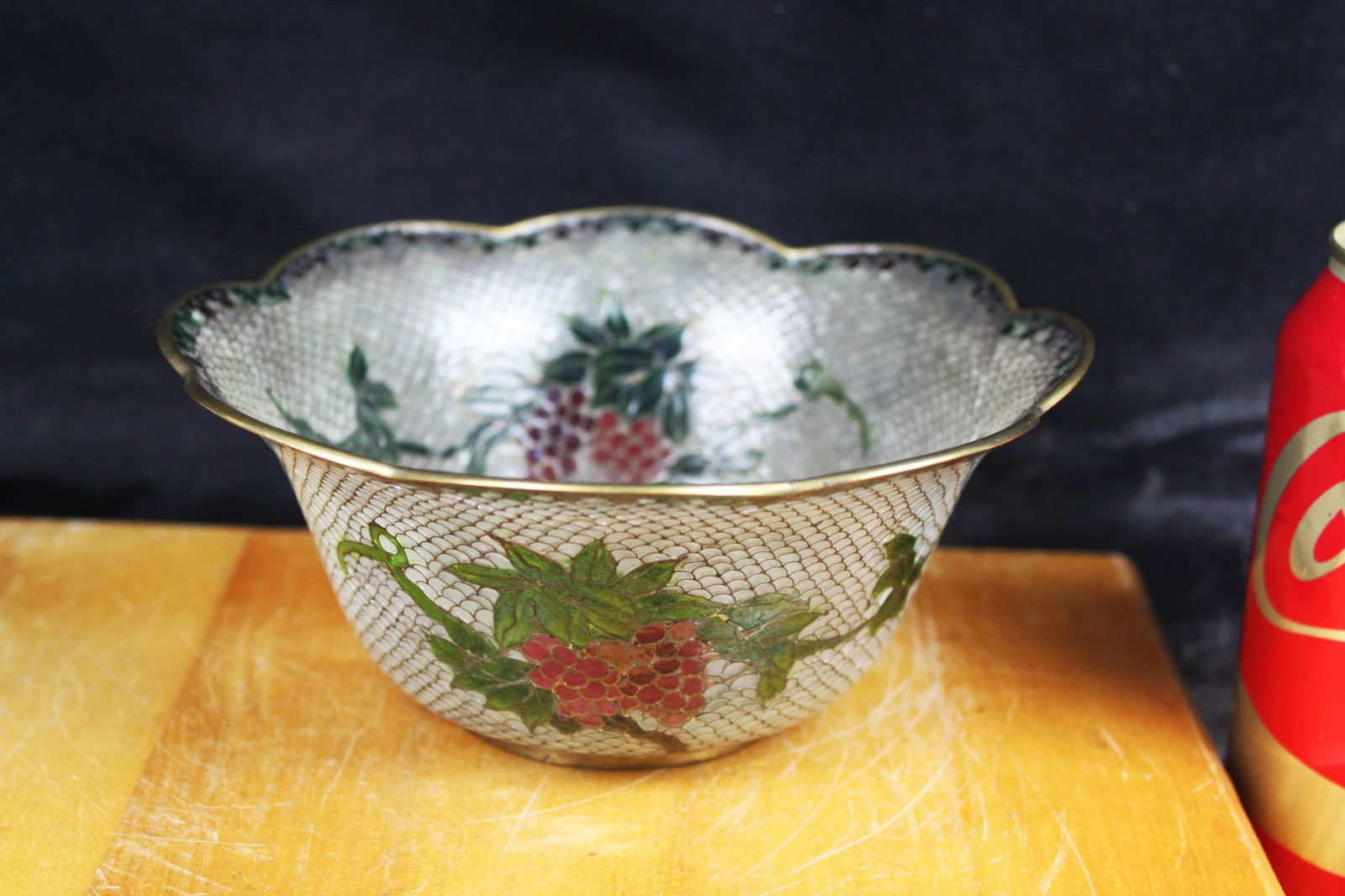 Vintage Plique a Jour Chinese Bowl with Grapes, Floral Cloisonné (1 of 6)
