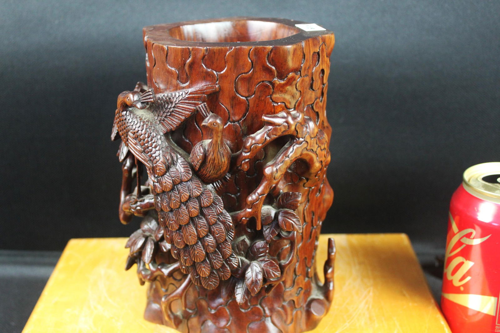Chinese Carved Hardwood Brush Pot (Bitong), Phoenix and Grapevine Motif (1 of 9)