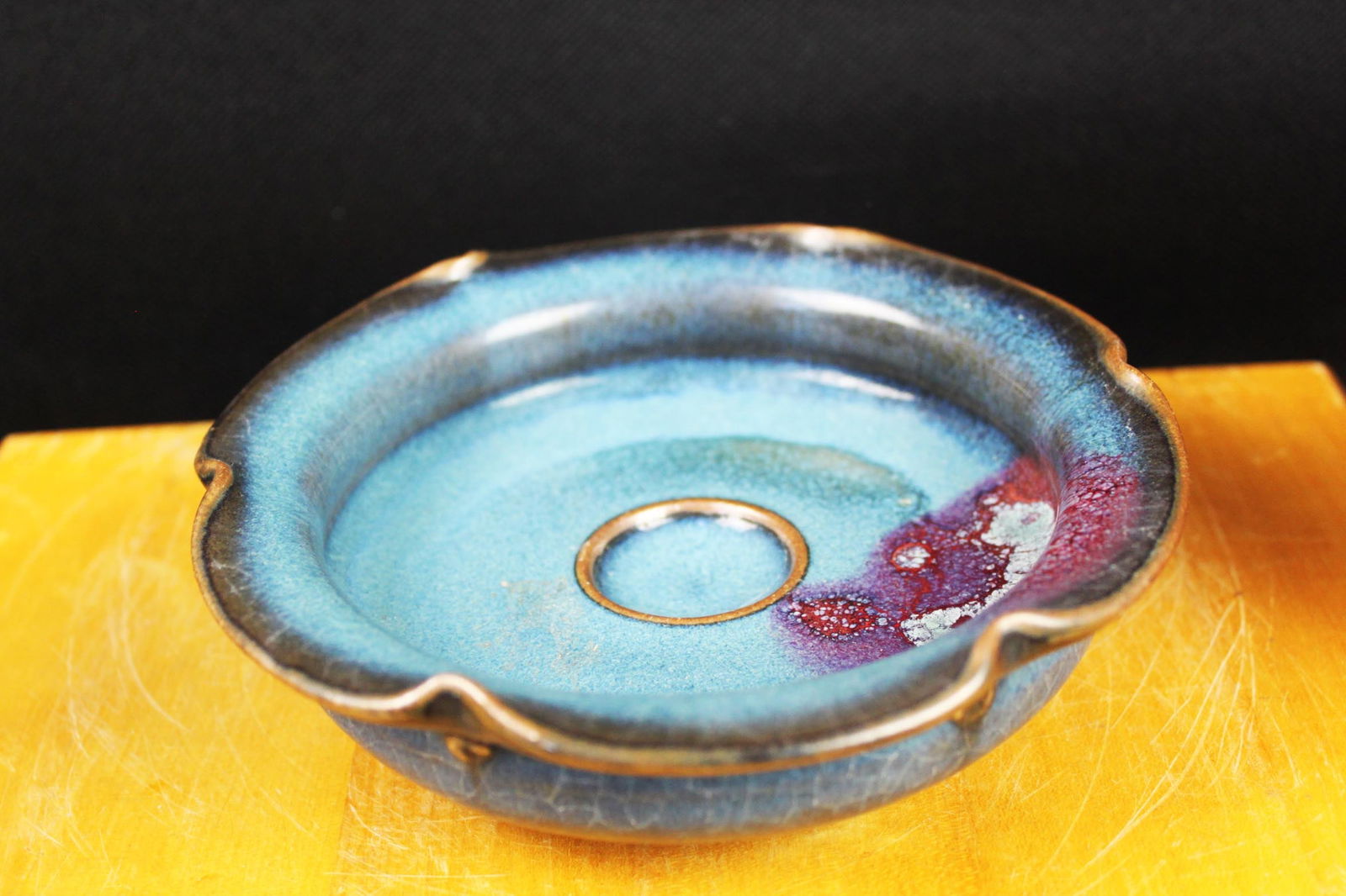 Studio Art Pottery Bowl with Blue and Copper-Red Crystalline Glaze (1 of 4)