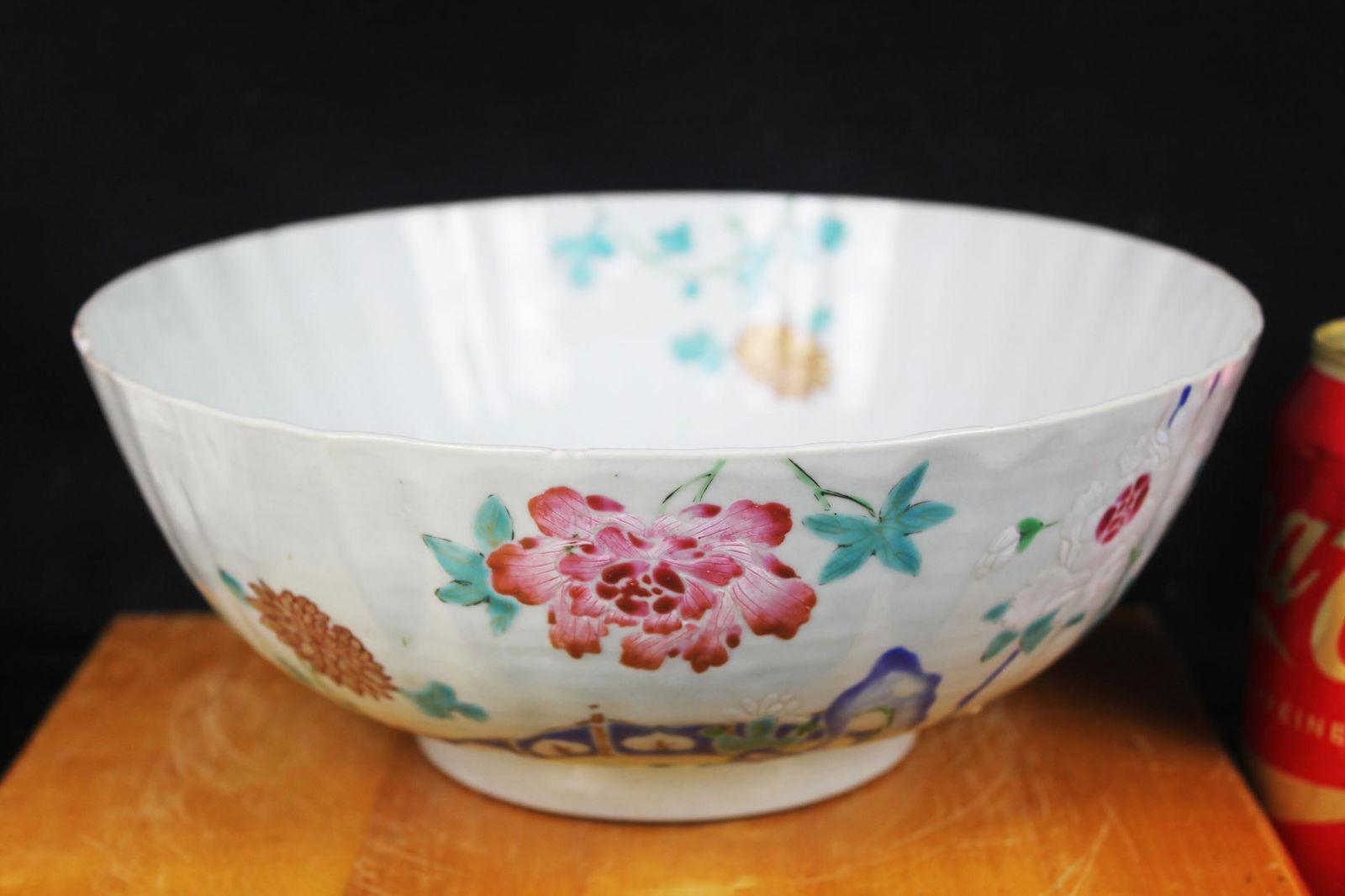 Large Chinese Yongzheng Period Moulded Famille Rose Porcelain Bowl: 9.5''x3.5''