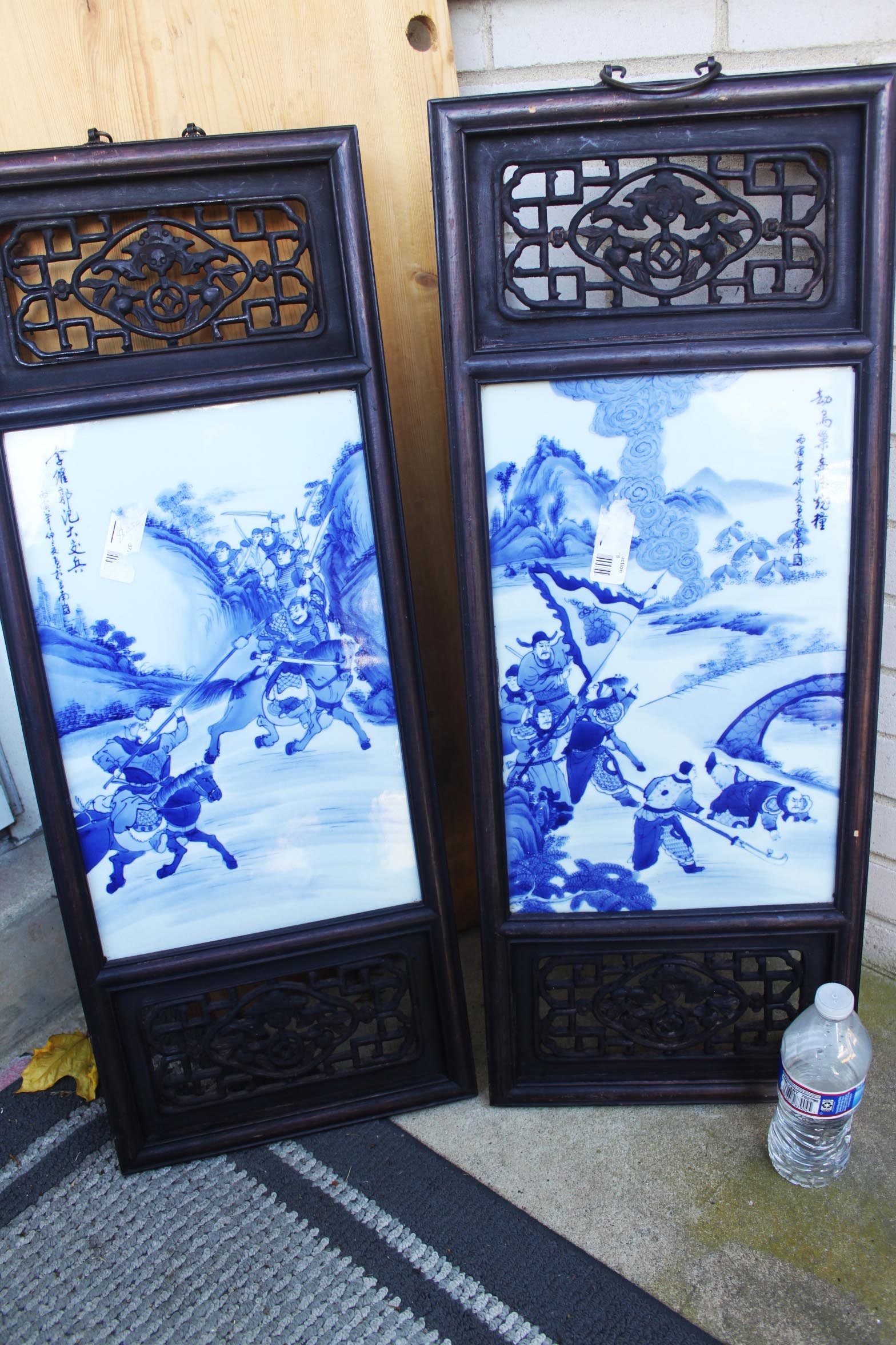 Pair of Chinese Blue and White Porcelain Plaques in Hardwood Frames: 33''x12''x1'' Warriors Battle Scene – 20th Century