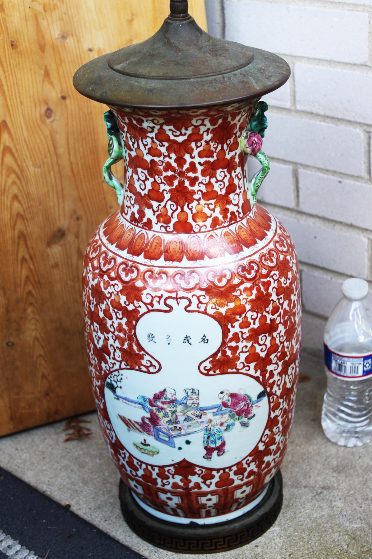 Large Chinese Famille Rose Vase Lamp – Red Floral Ground – Children Playing Scene: 19''x8''