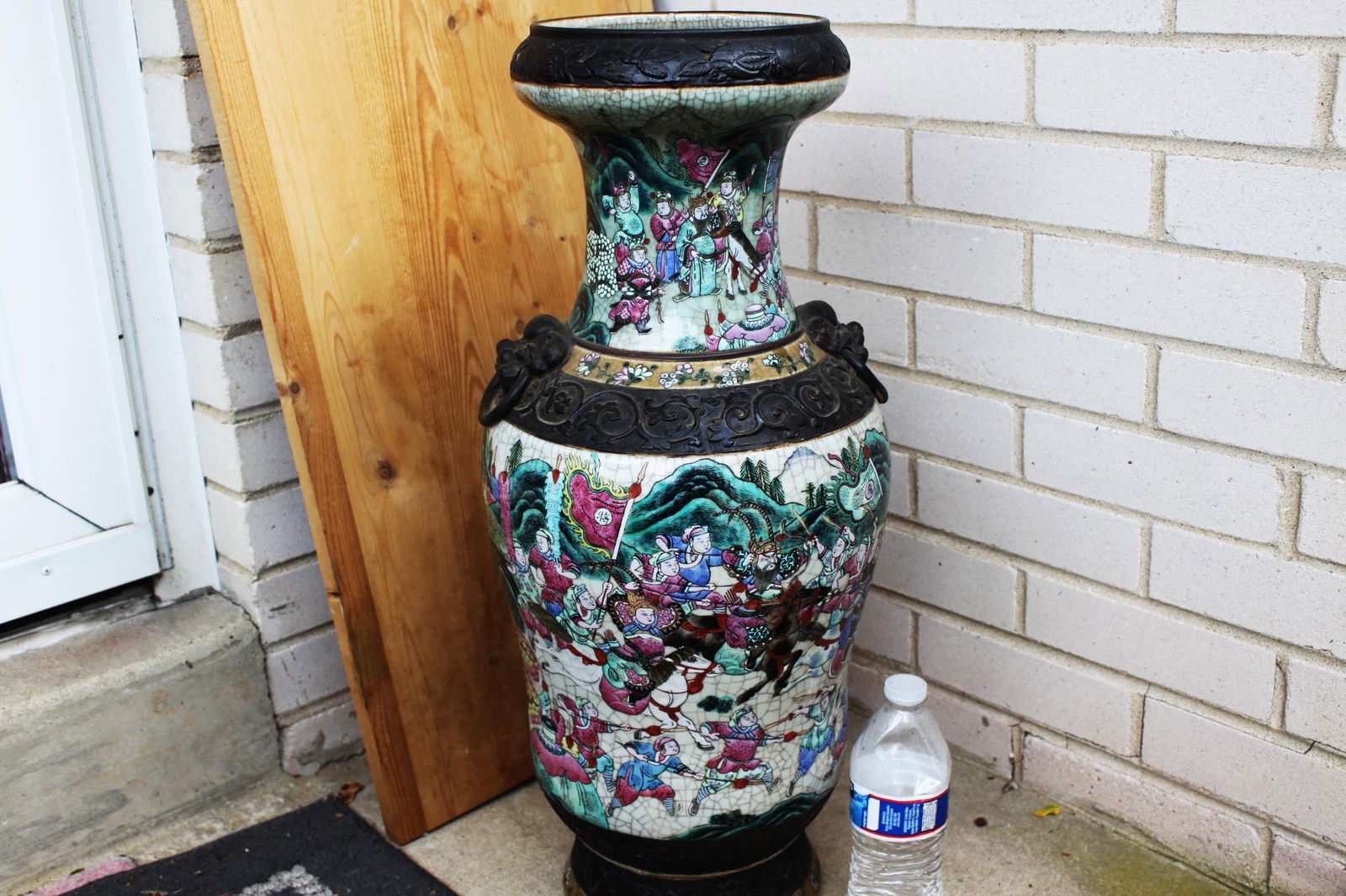 Large Chinese Famille Rose Warrior Scene Floor Vase: 25''x11'' Crackle Glaze, Lion Mask Handles, Hand-Painted