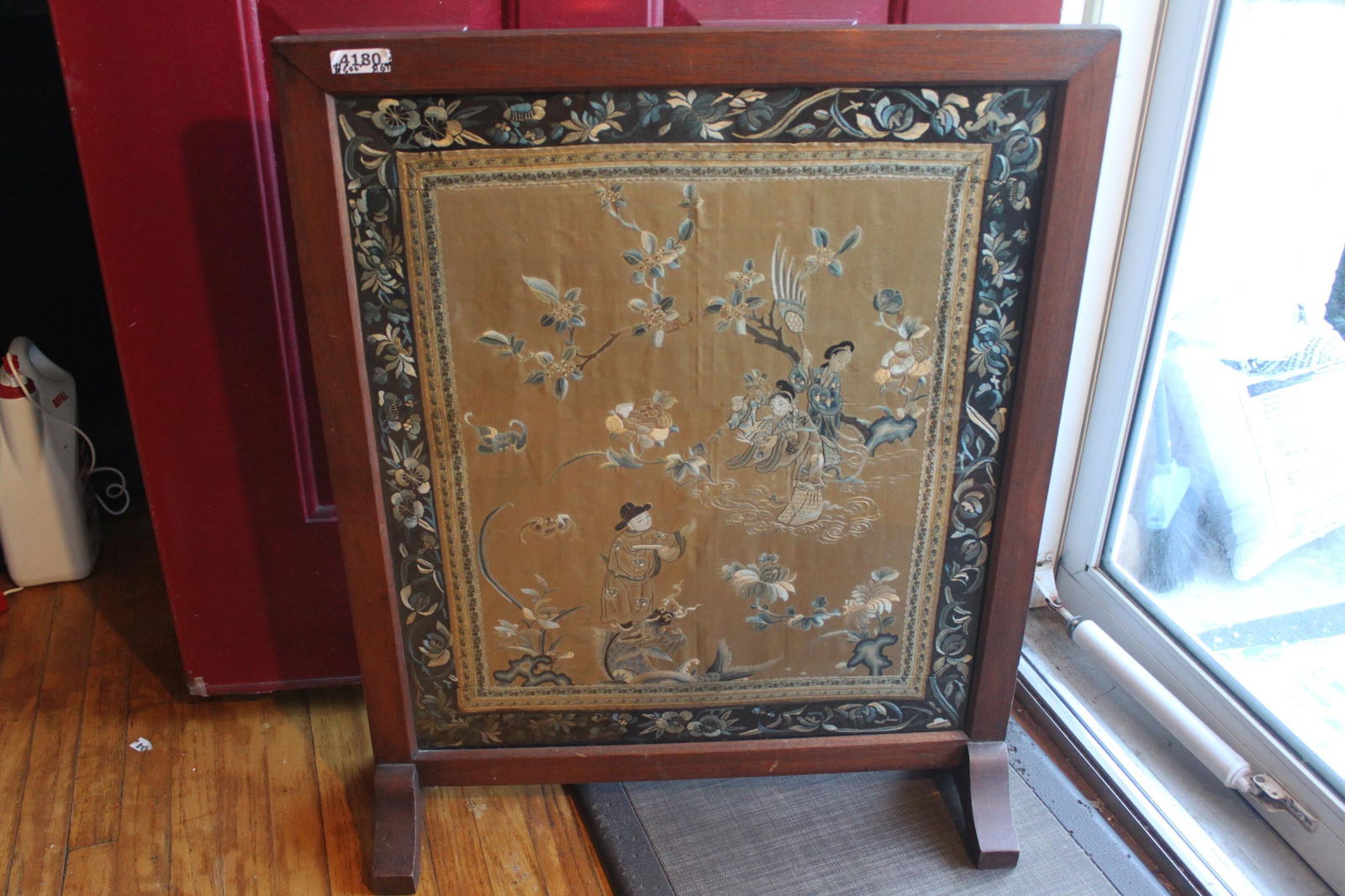 Chinese Embroidered Silk Panel with Figural and Floral Scene, Framed (1 of 8)
