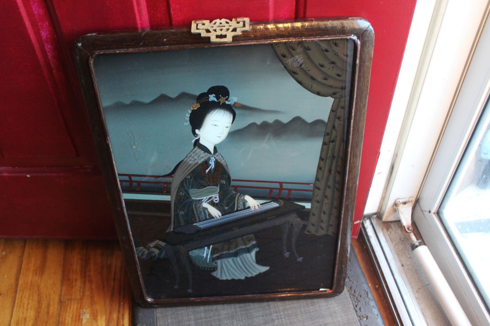 Framed Chinese Reverse Glass Painting (Woman Playing Guqin) (1 of 5)