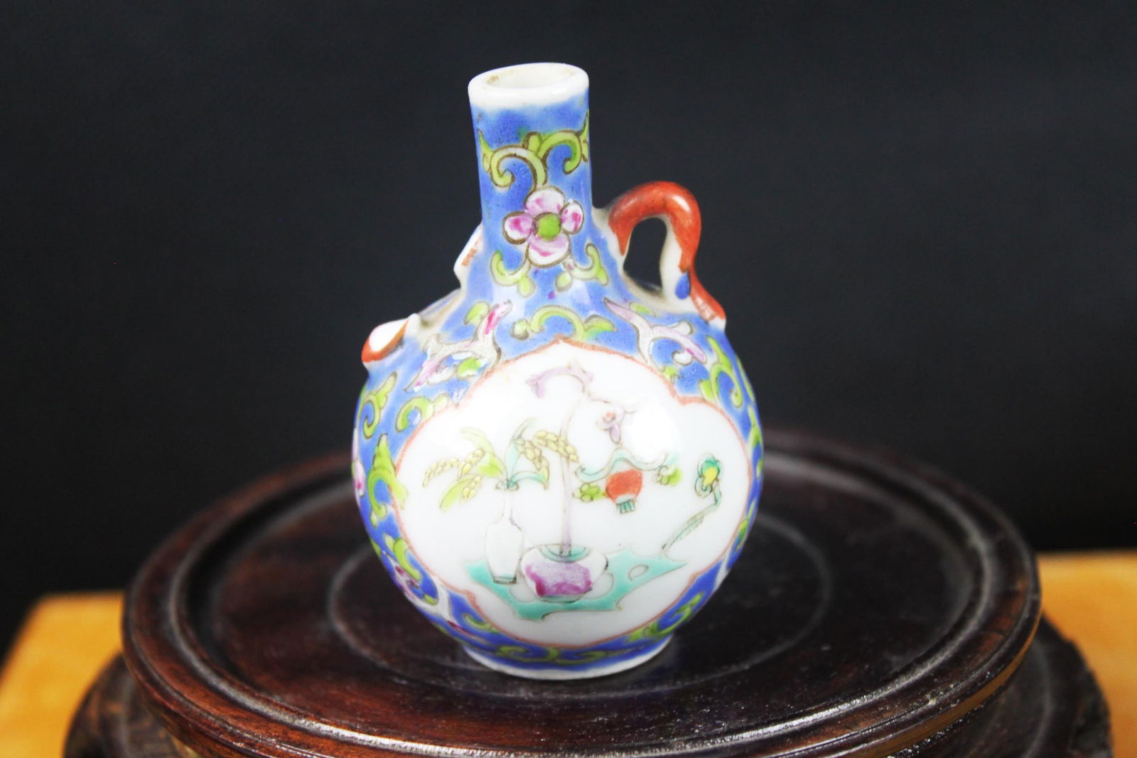 Chinese Famille Rose Miniature Vase with Blue Ground & Floral Panels (1 of 5)