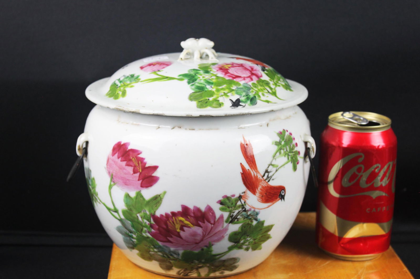 Vintage Chinese Famille Rose Covered Jar with Peony & Bird Motif, Calligraphy, Marked Base (1 of 17)