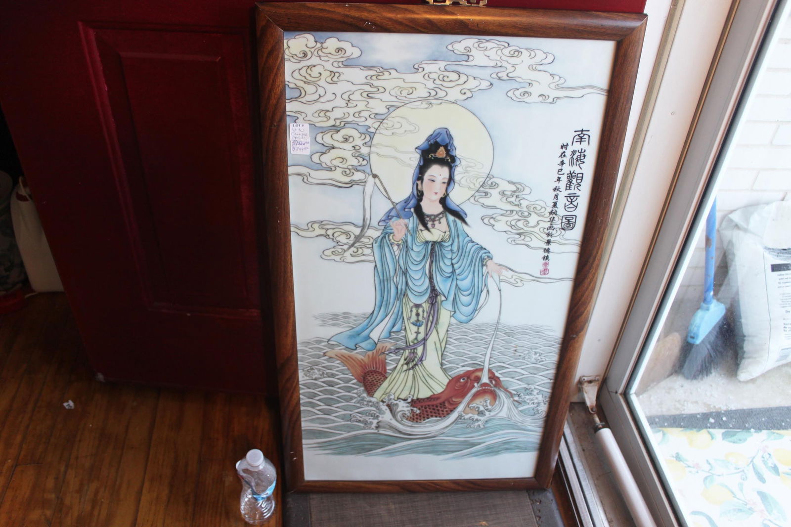 Large Chinese Porcelain Plaque – Nanhai Guanyin Standing on Carp, Framed, 20th Century (1 of 10)