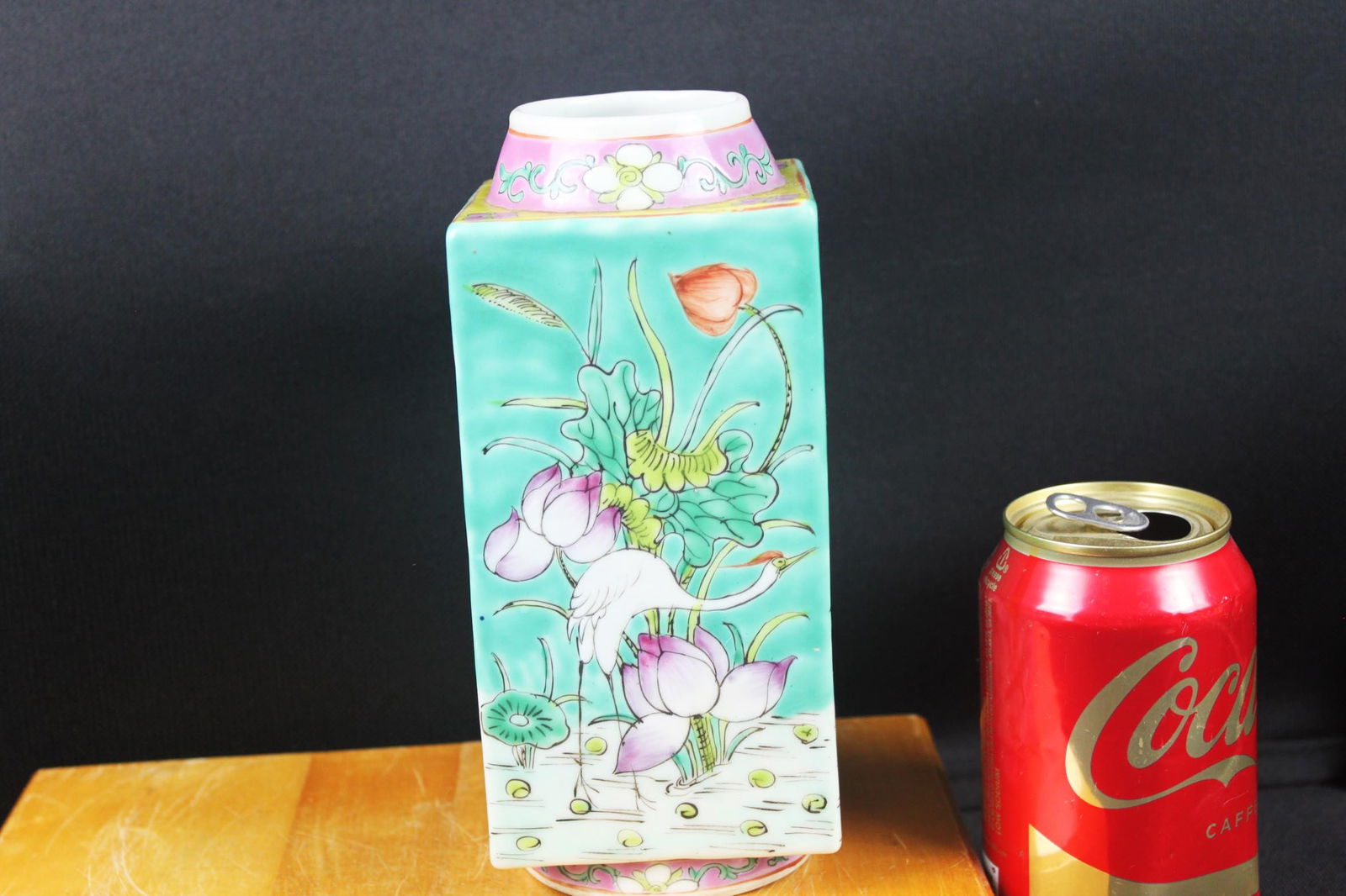 Vintage Chinese Famille Rose Lotus & Crane Square Vase: 7.5''x3.5''