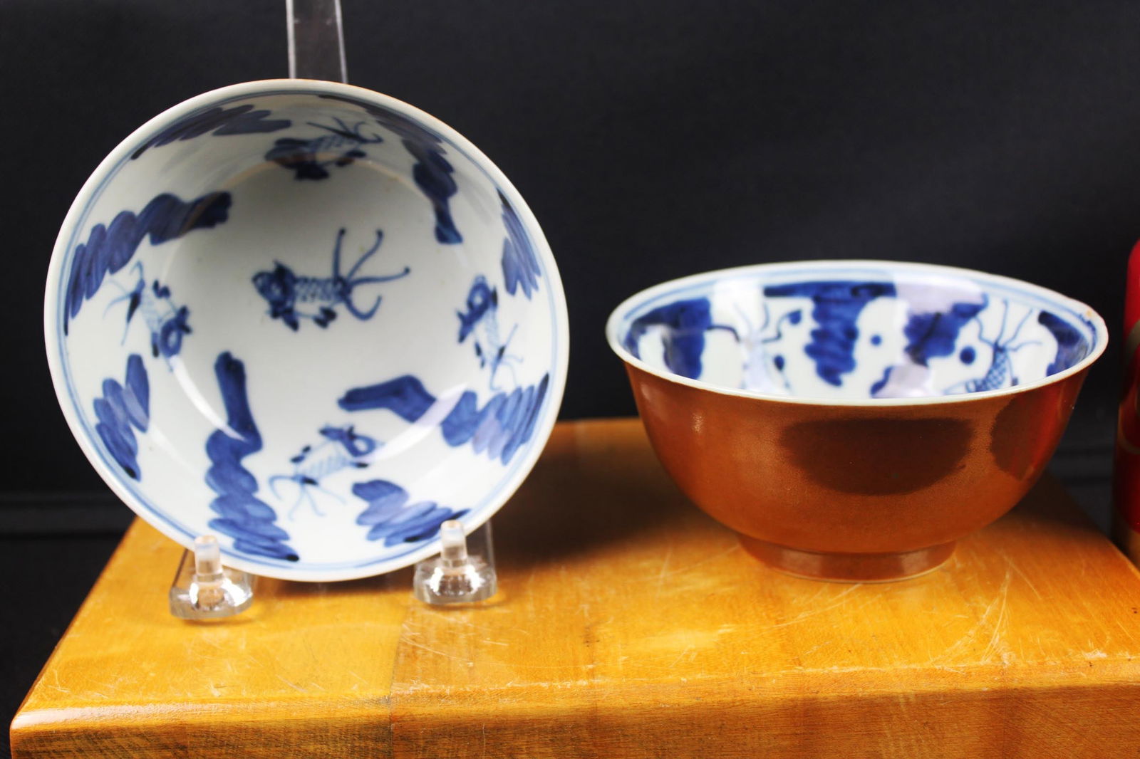 Pair of Chinese Blue-and-White “Cricket?? Design Bowls & One Copper-Red Glazed Bowl (1 of 13)