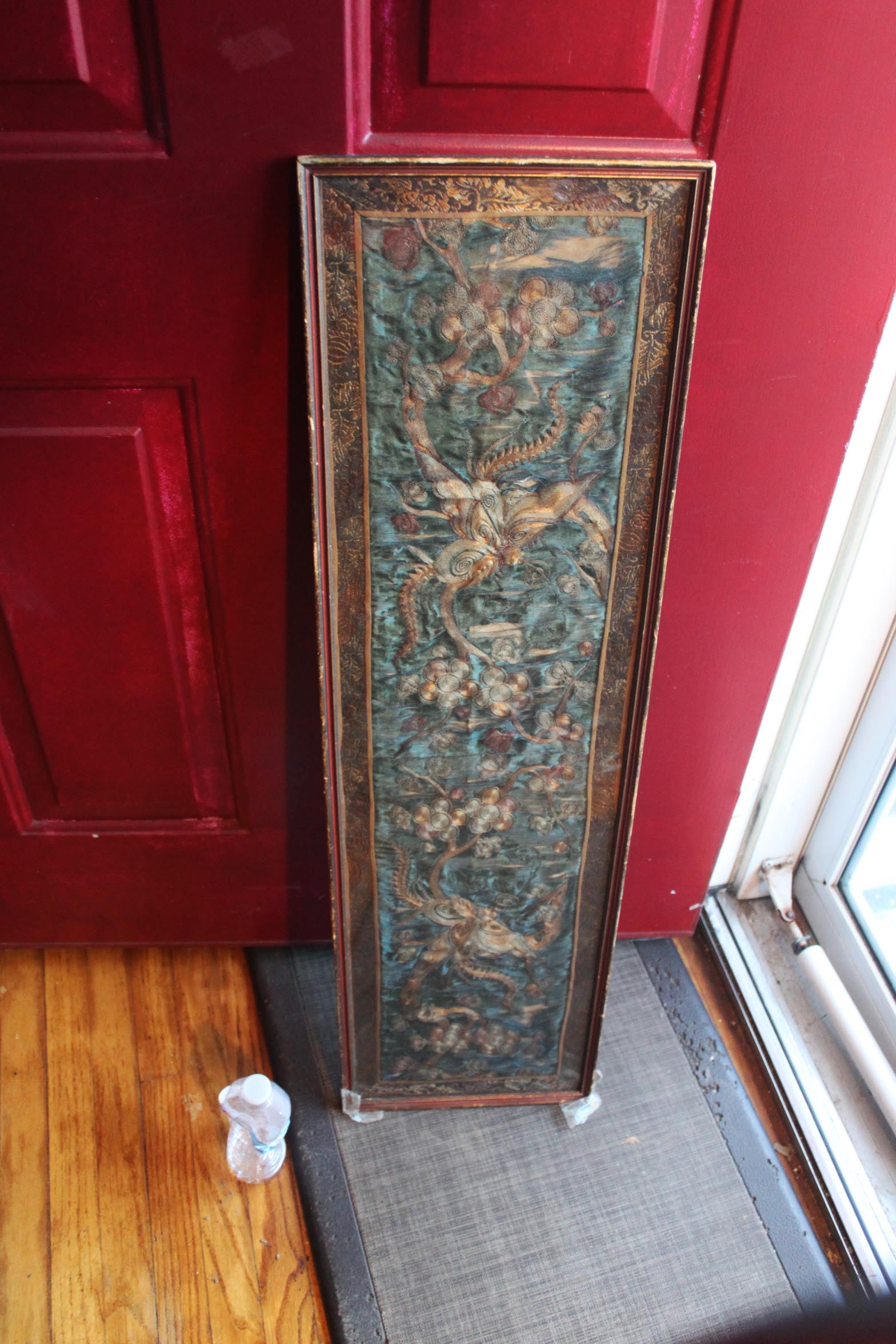 Antique-Style Chinese Dragon Embroidery on Silk, Vertical Panel (1 of 7)