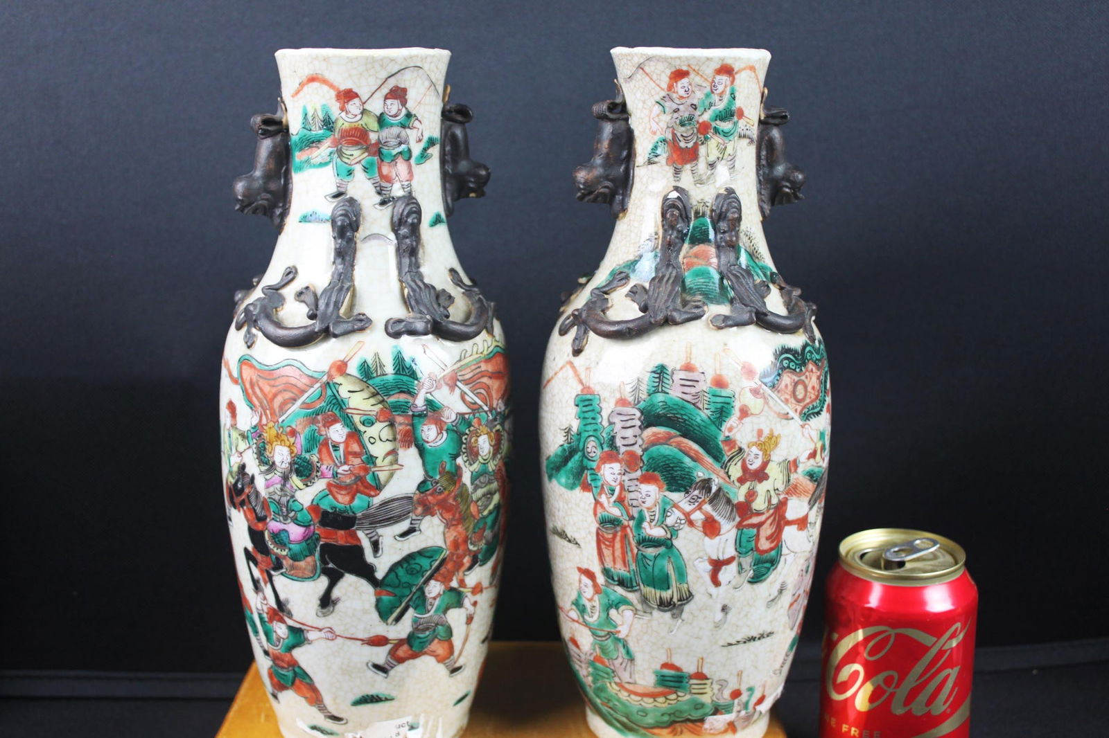 Pair of Chinese Republic-Style Polychrome Warrior Vases with Applied Lion Handles (1 of 12)