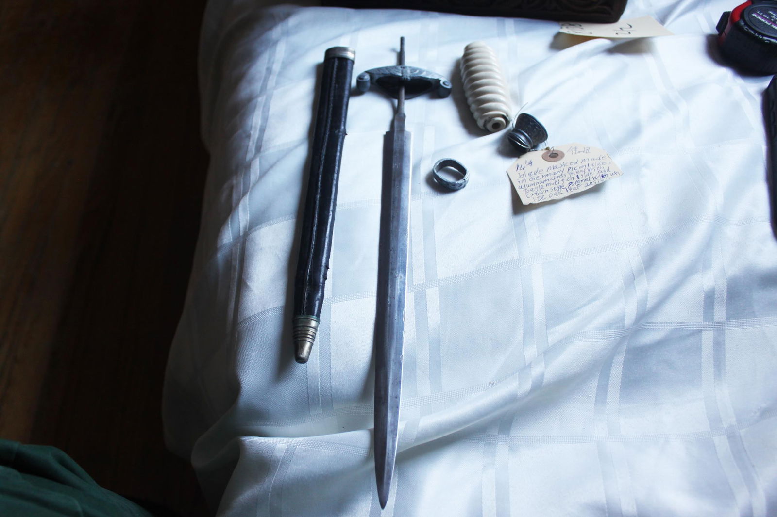 German WWII Period Dress Dagger, Ivory-Tone Grip & Eagle Crossguard, “Germany?? Mark: 14''x3'' German WWII-era dress dagger, featuring a straight steel blade marked “Germany” near the ricasso.