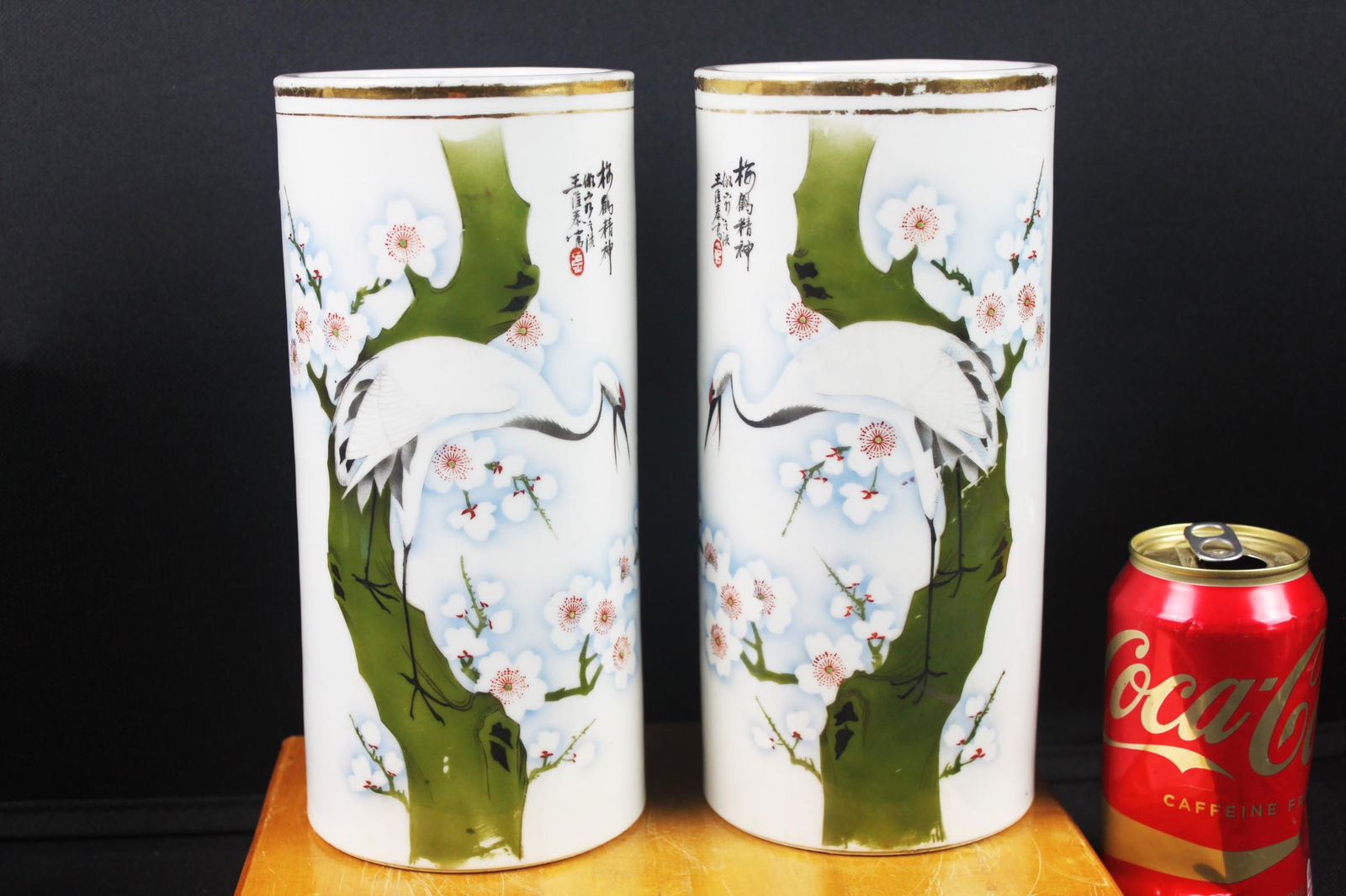 Pair of Hand-Painted Chinese Porcelain Brush Pots / Vases – Cranes & Blossoms (1 of 10)