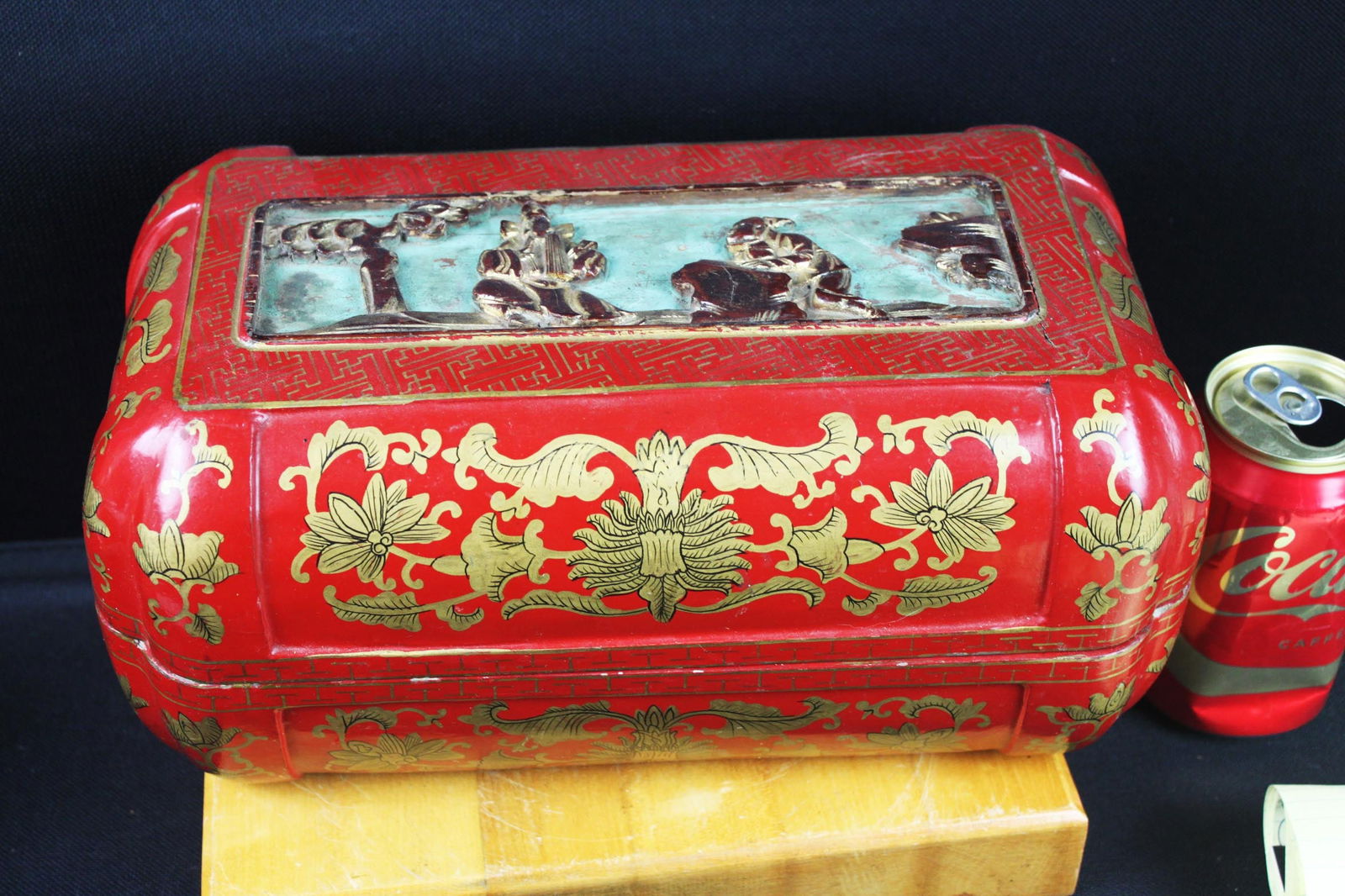 Chinese Red Lacquer Gilt Box with Scholar Scene Relief Panel, 20th Century (1 of 11)