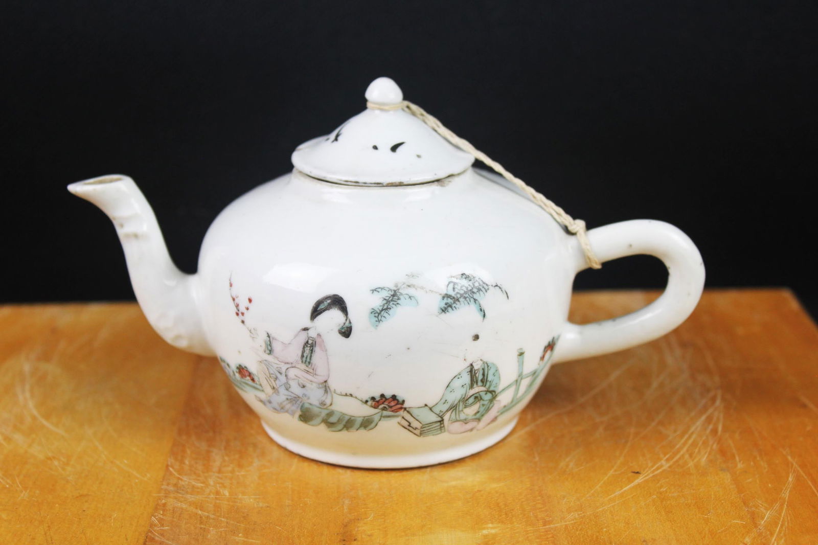 Vintage Chinese Porcelain Teapot with Scholar Figure Painting & Calligraphy, Tied Lid (1 of 9)