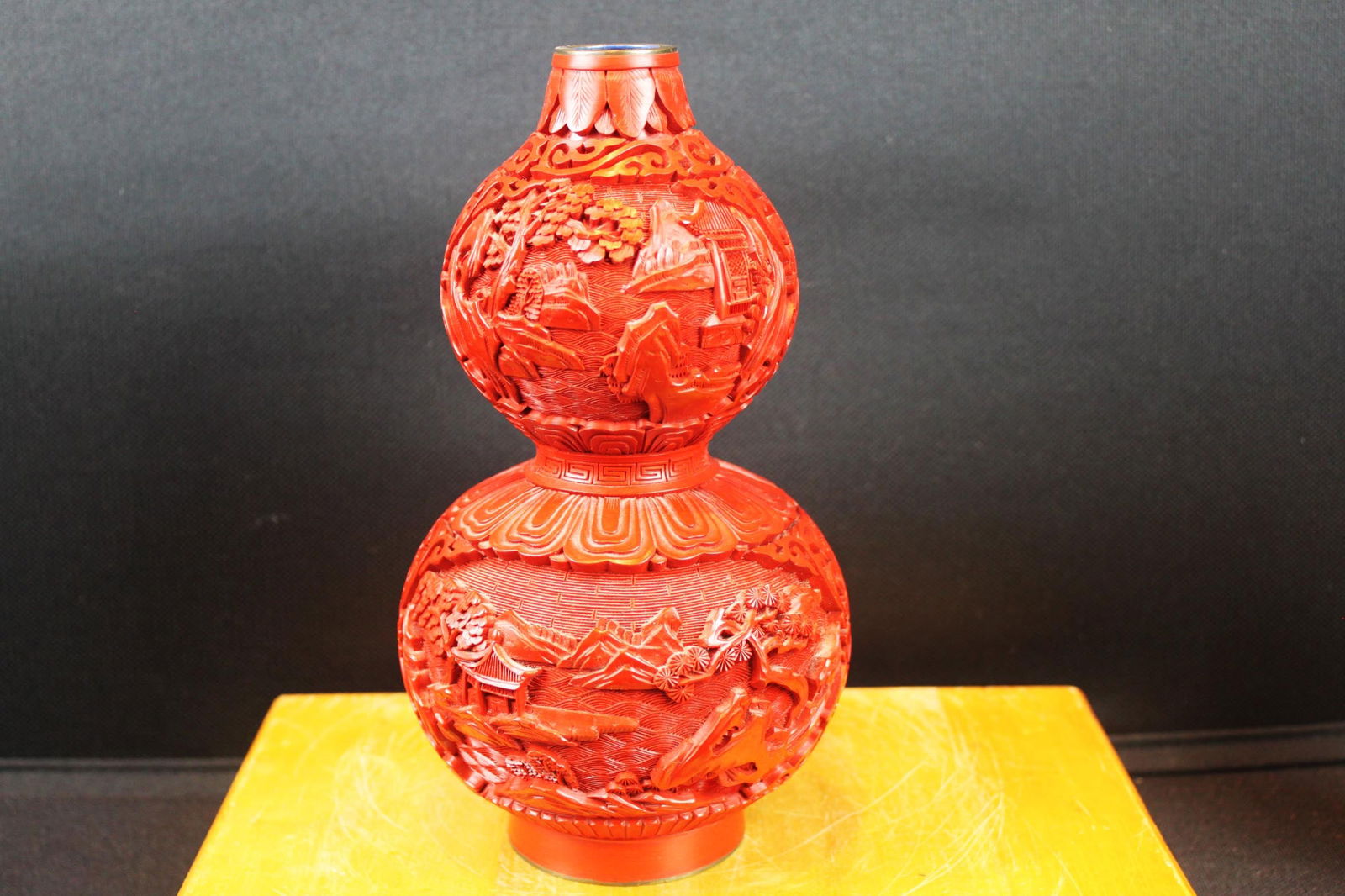Chinese Cinnabar-Style Carved Double Gourd Vase w/ Landscape Relief & Blue Interior (1 of 7)