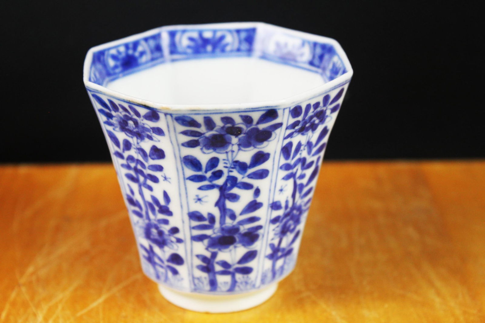Fine Chinese Blue & White Octagonal Porcelain Cup, Floral Panels, Marked (1 of 5)