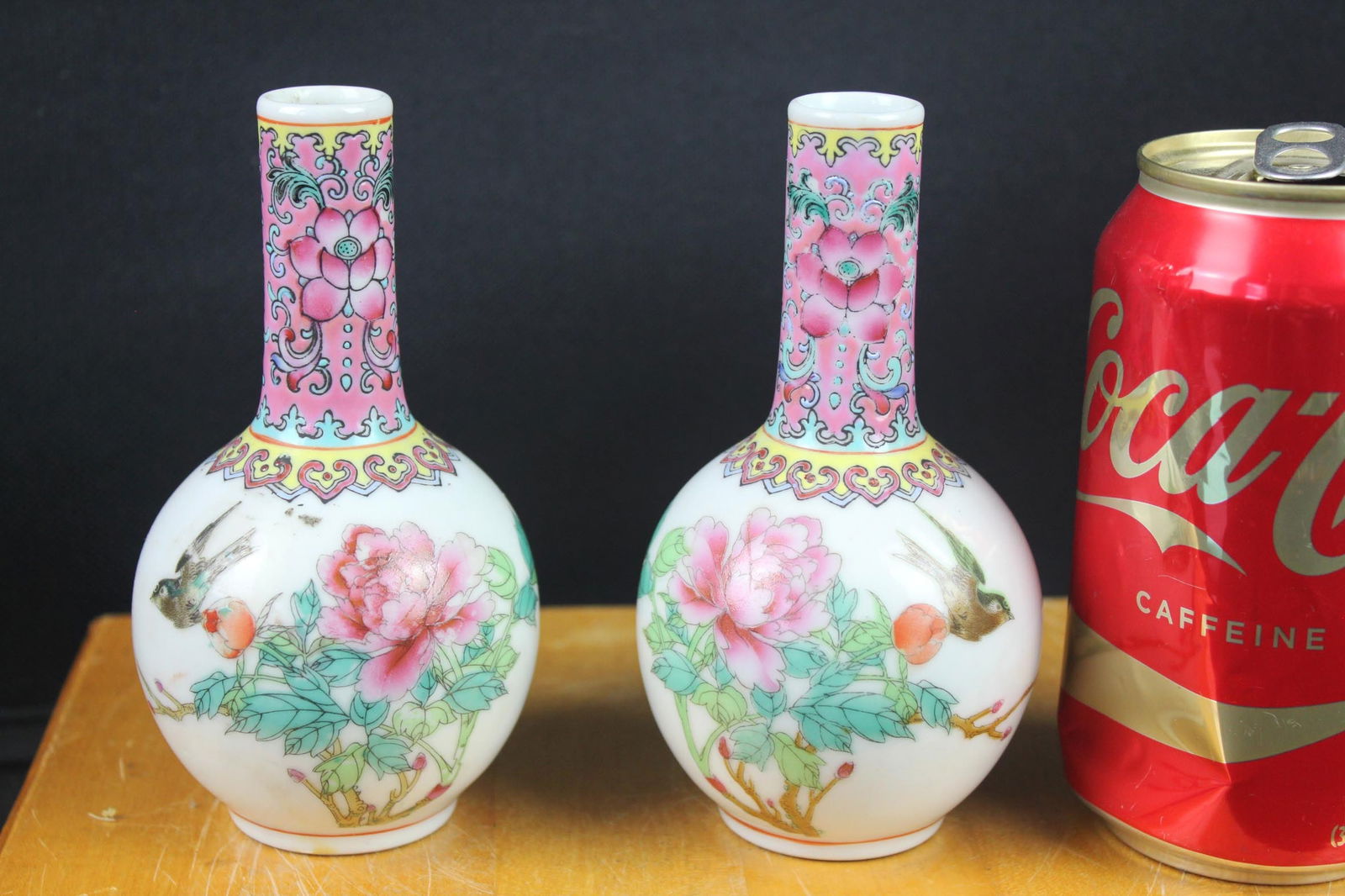 Pair of Chinese Famille Rose Porcelain Bottle Vases – Peony & Bird Design, Poem Script (1 of 9)