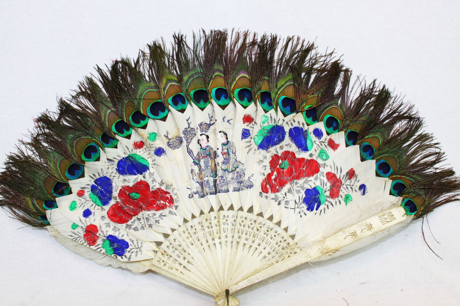 Antique Peacock Folding Fan w/Tangka Painting (1 of 9)