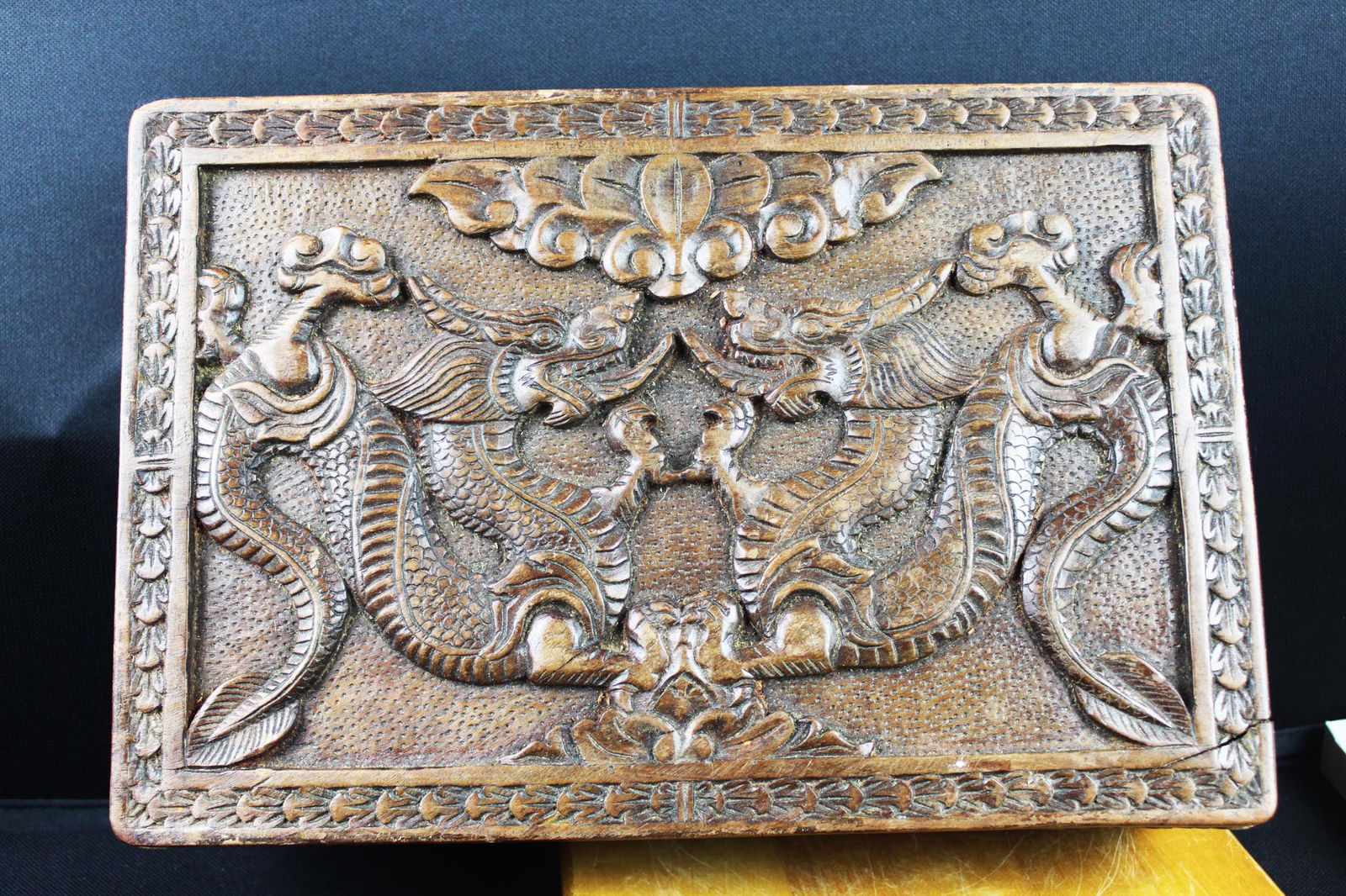 Antique Chinese Carved Wood Box with Double Dragons – Rectangular Lidded Storage Box (1 of 13)