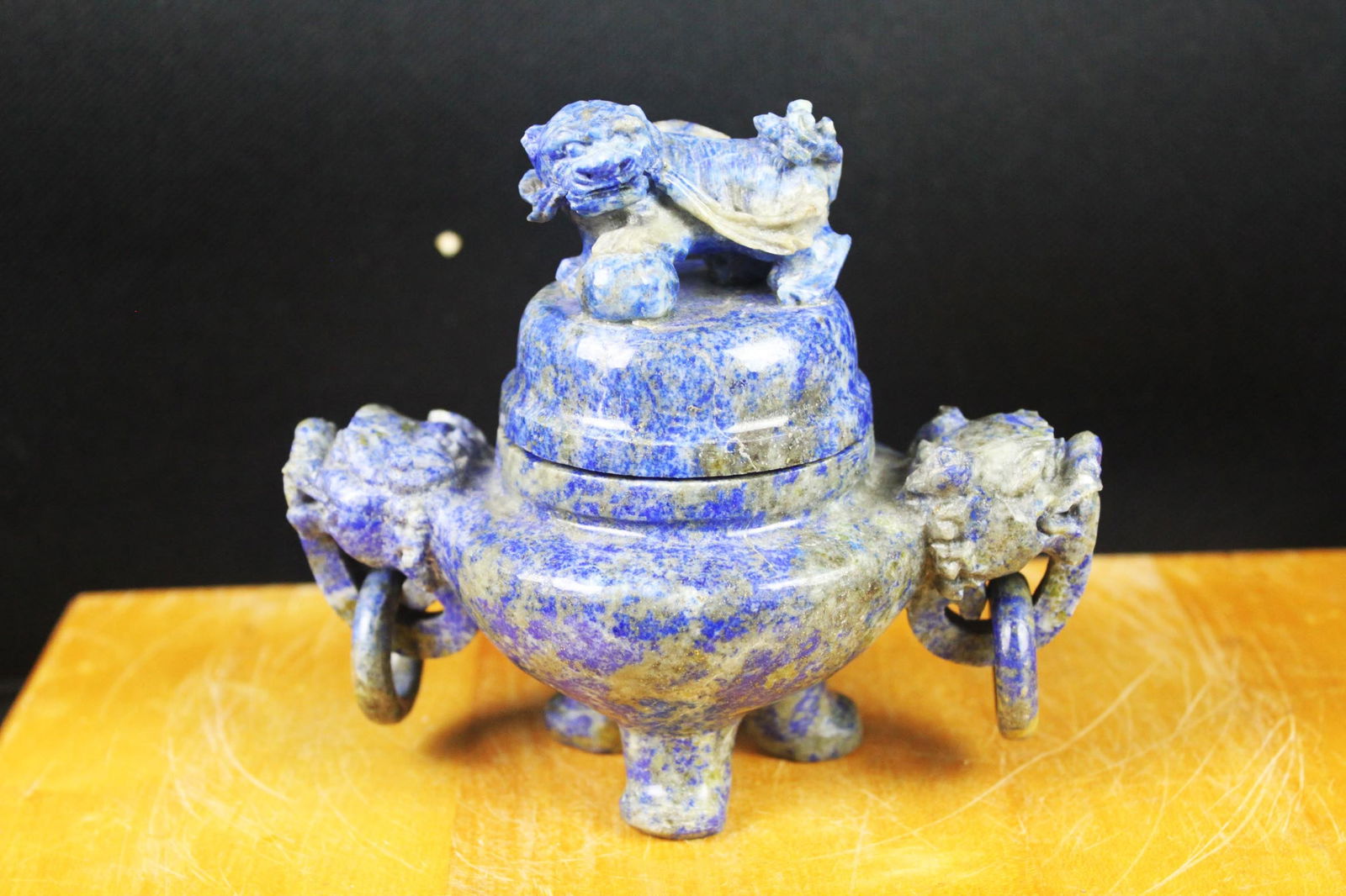 Vintage Lapis Lazuli Foo Dog Incense Burner – Chinese Stone Tripod Censer (1 of 11)