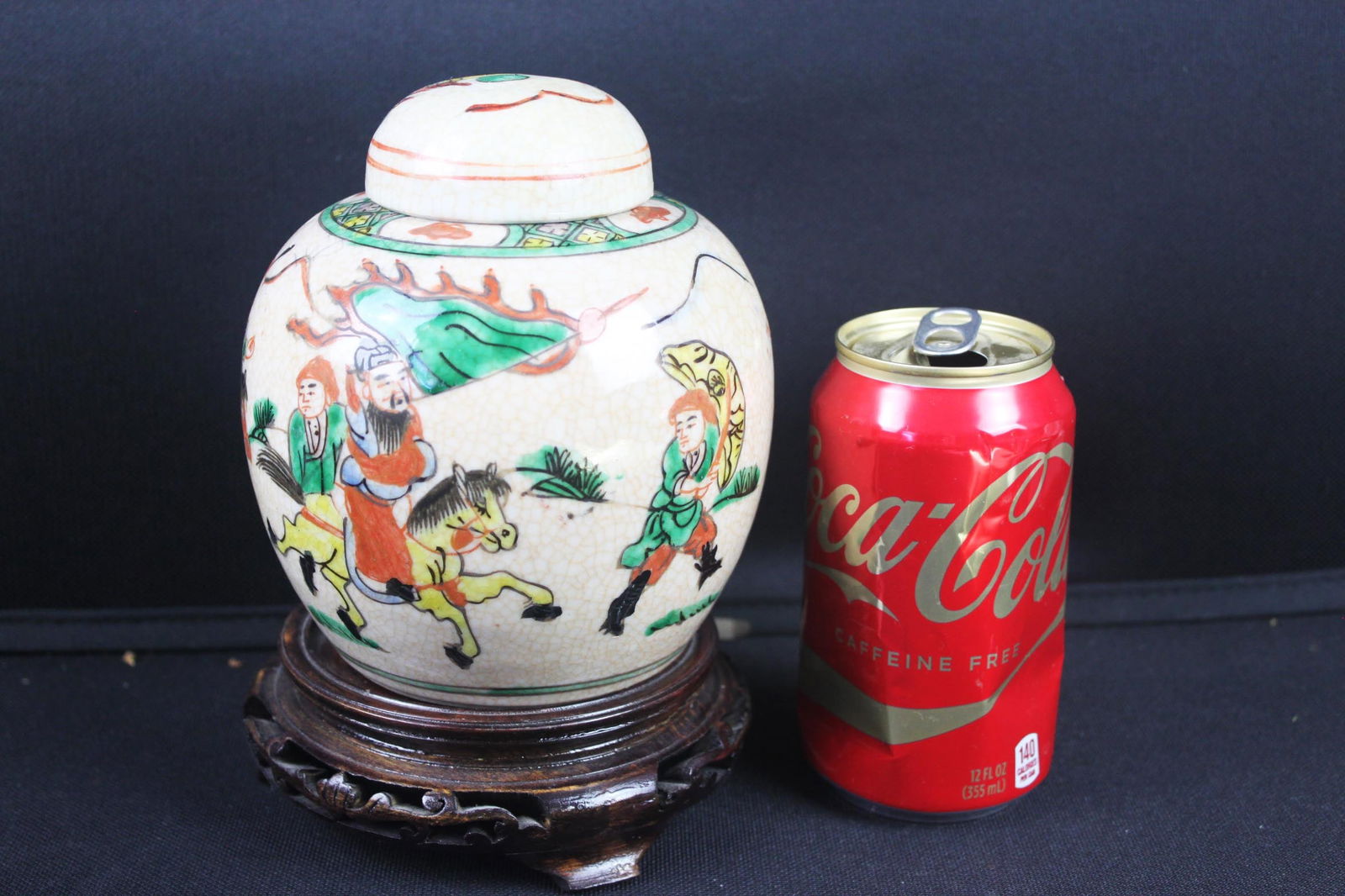 Vintage Chinese Famille Verte Crackle-Glaze Lidded Ginger Jar with Warrior Motif & Stand (1 of 6)