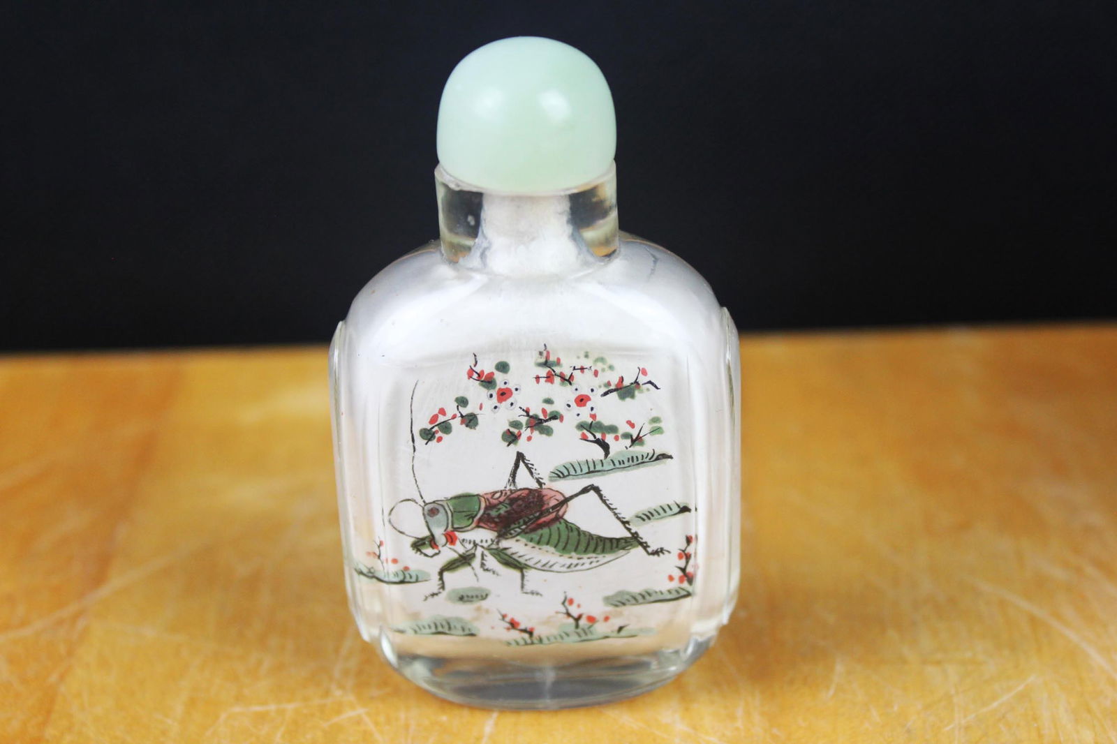 Inside-Painted Chinese Glass Snuff Bottle with Grasshopper & Floral Scenes (1 of 4)
