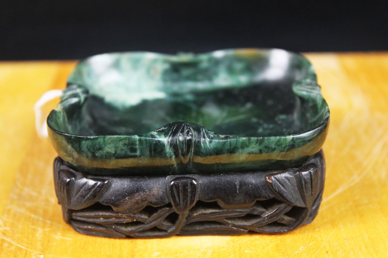 Chinese Green Nephrite Style Carved Stone Dish with Stand | Scholar Brush Washer (1 of 11)