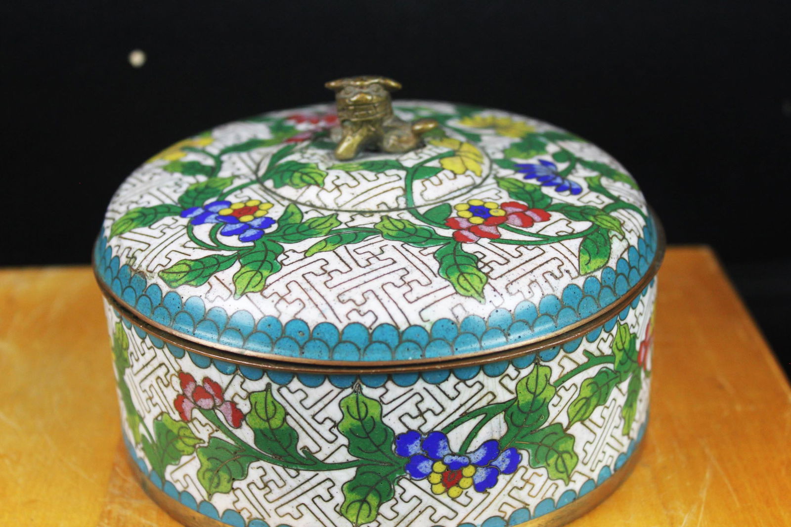 Chinese Cloisonné Enamel Lidded Box with Floral Scrolls & Foo Dog Finial, 20th C. (1 of 11)