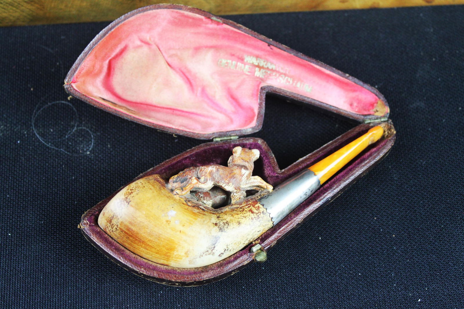 Antique Carved Meerschaum Pipe w/ Dog Figure, Amber Stem & Original Case – Early 20th C (1 of 9)