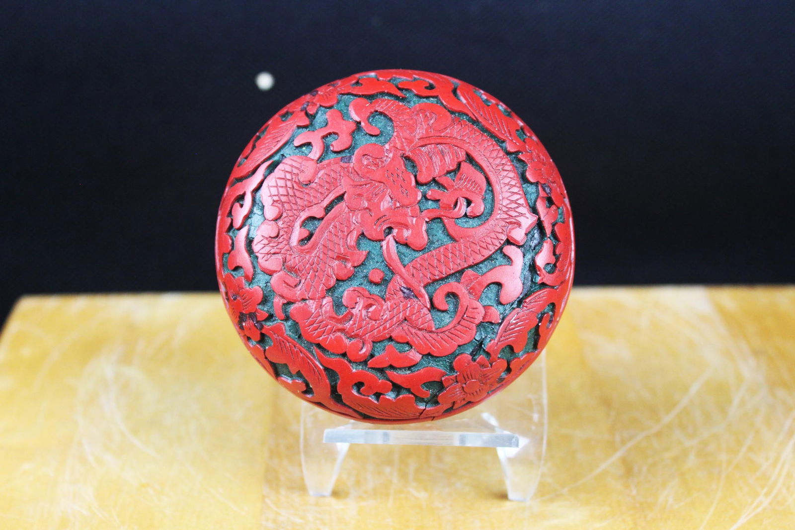 Chinese Red & Green Carved Lacquer Dragon Covered Box, Vintage Decorative Lidded Box (1 of 5)