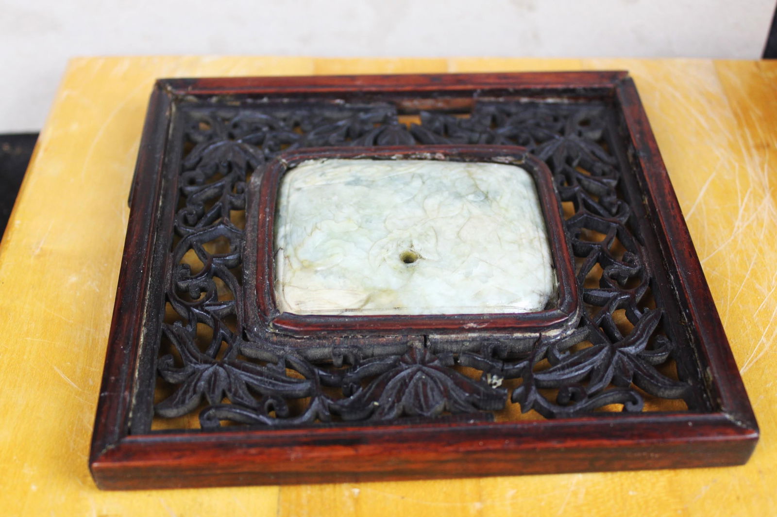 Antique Chinese Wood Frame with center jade painting: 5.5''x5''x0.5''