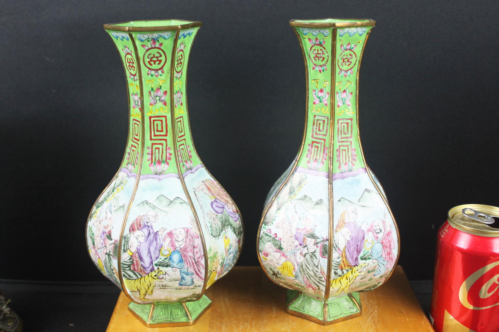 Pair of Chinese Famille Rose Hexagonal Vases with Figural Panels and Longevity Motifs (1 of 8)