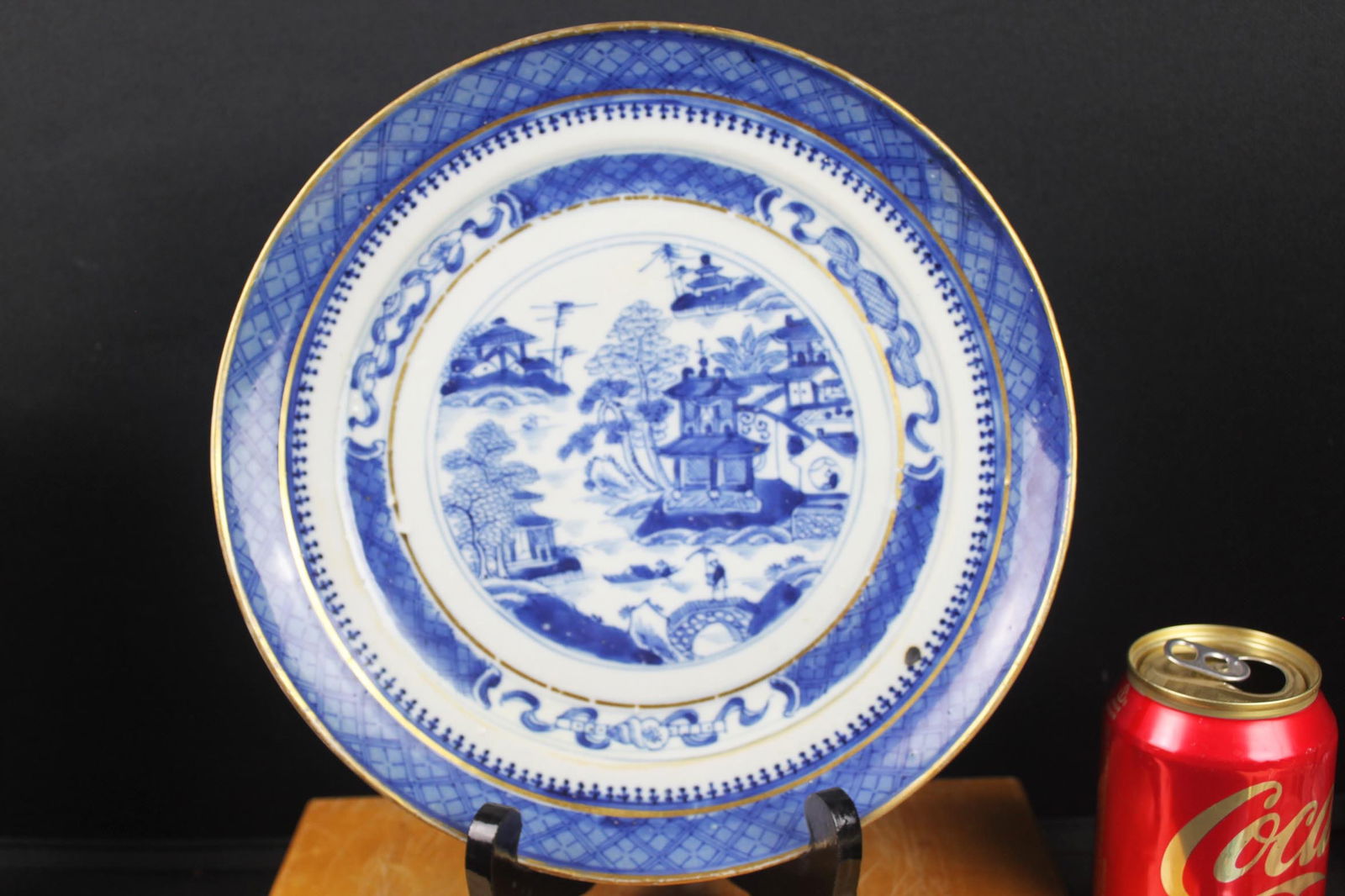 Chinese Blue & White Export Porcelain Plate with Gilt Border, 19th Century (1 of 5)
