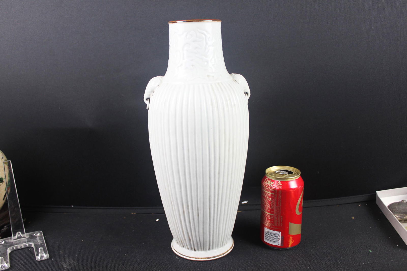 Chinese White Glazed Porcelain Vase with Foo Dog Handles, Ribbed Body (1 of 7)