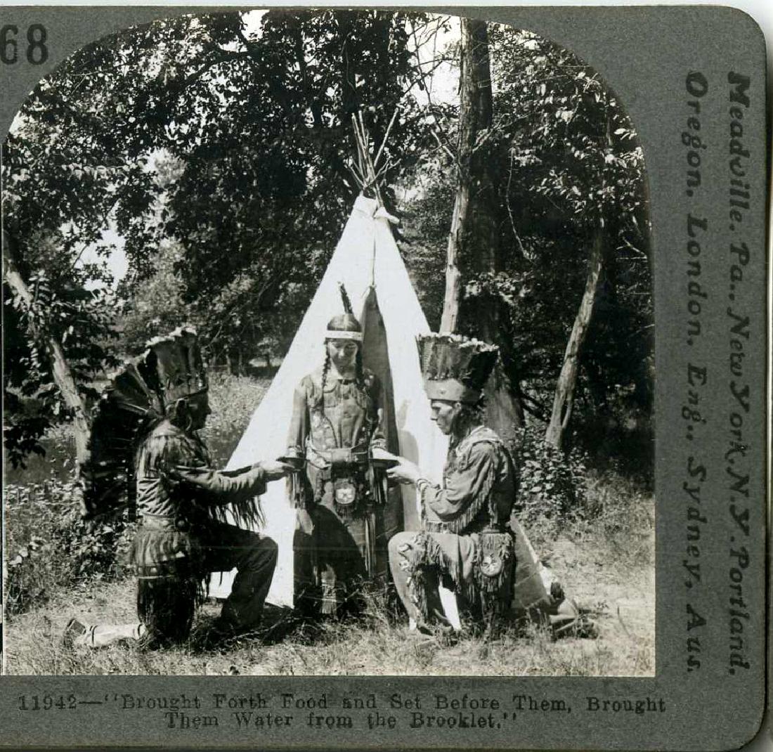 BROUGHT FOOD-WATER_INDIAN MAIDEN_BRAVES: ARTIST/SOURCE: KEYSTONE VIEW COMPANY CATALOGUE #: 00442 MEDIUM: VINTAGE ANTIQUE STEREOVIEW. DATE/PERIOD: CIRCA 1898 DIMENSIONS: 3 1/2 X 7" ORIGIN: MINNESOTA LABELS/ANNOTATIONS: USE ZOOM FEATURE TO REA