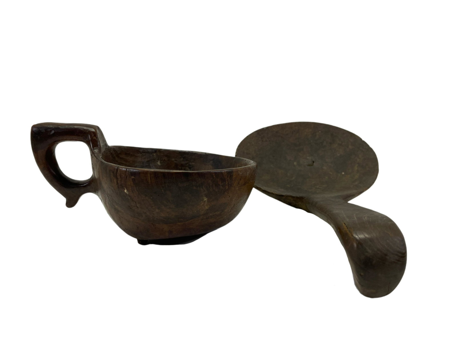 Early American Burl Cup & Spoon: Early American Burl Cup & SpoonSpoon- 9.25" longBowl- 3" x 6" x 4.75"These Items are from the family of Charles Wheeler Hoffman 1841-1919. Montana and have remained in the family and are new to the ma