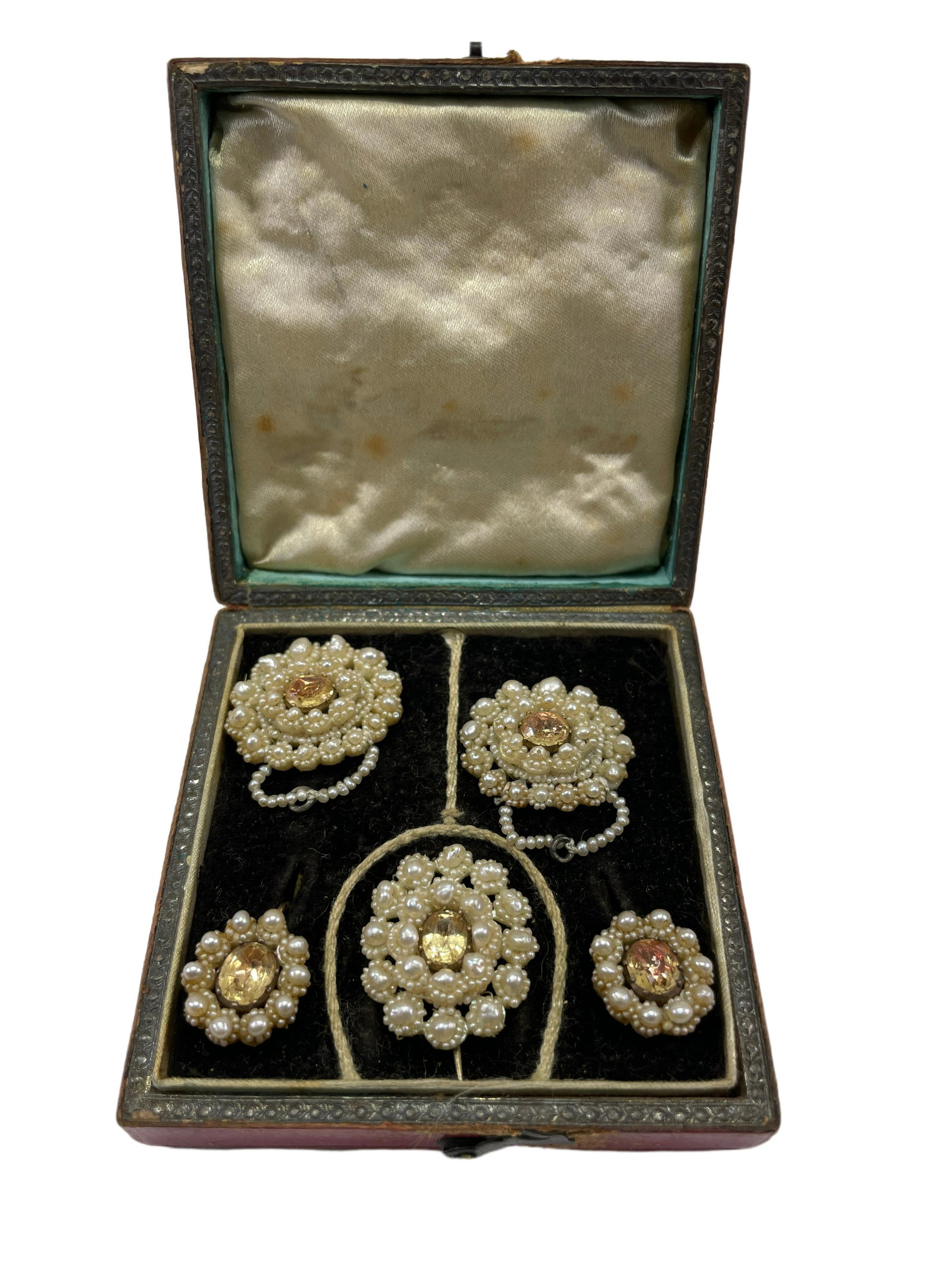 Set of Antique Seed Pearl & Gemstone Jewelry: Set of Antique Seed Pearl & Gemstone JewelryApprox. 1" to 1/2" long eachIn Original CasePins & Earrings W/ foil back stonesThese Items are from the family of Charles Wheeler Hoffman 1841-1919. Montana