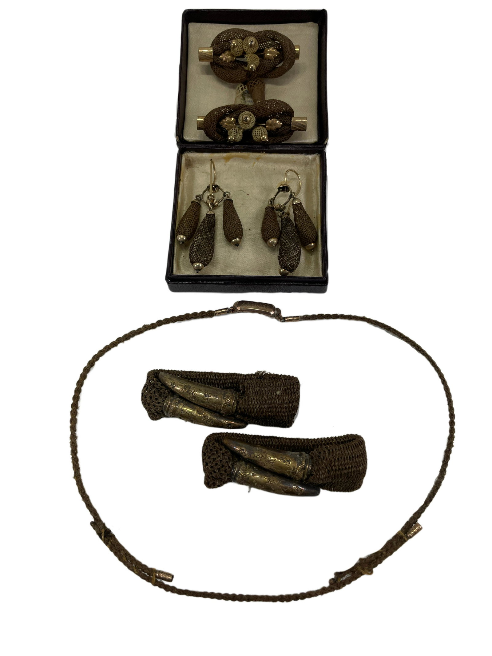 Group of Antique Hair Mourning Jewelry: Group of Antique Hair Mourning JewelryCompromised of a Necklace 16" Long, Earrings, 2 Pins, & 2 Bracelets that are very small. These Items are from the family of Charles Wheeler Hoffman 1841-1919. Mon