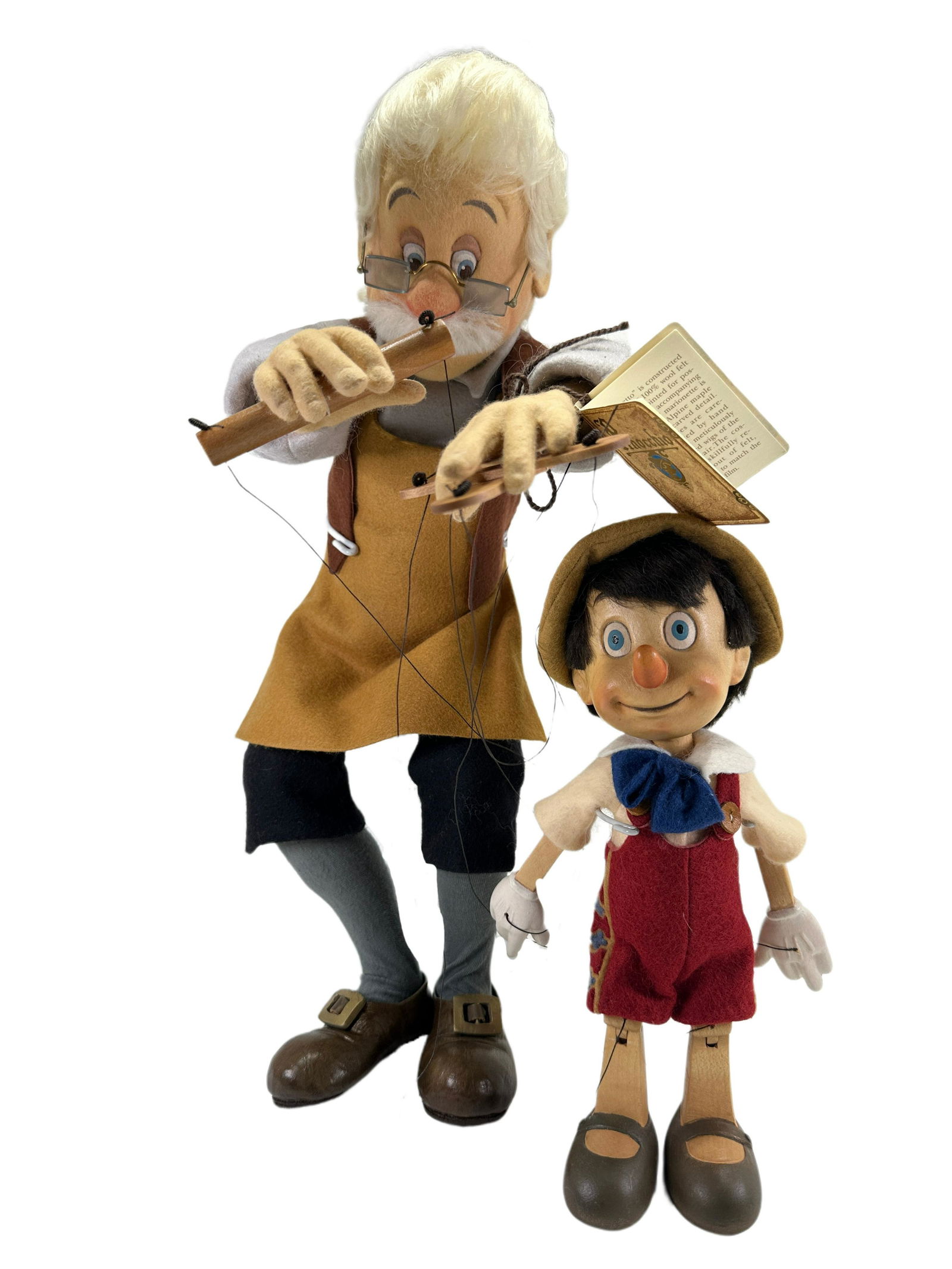 R. John Wright "Geppetto & Pinocchio" Doll: R. John Wright "Geppetto & Pinocchio" Doll. Numbered 280/500. Made of felt. In original box with COA, and 17" & 9.5" tall.