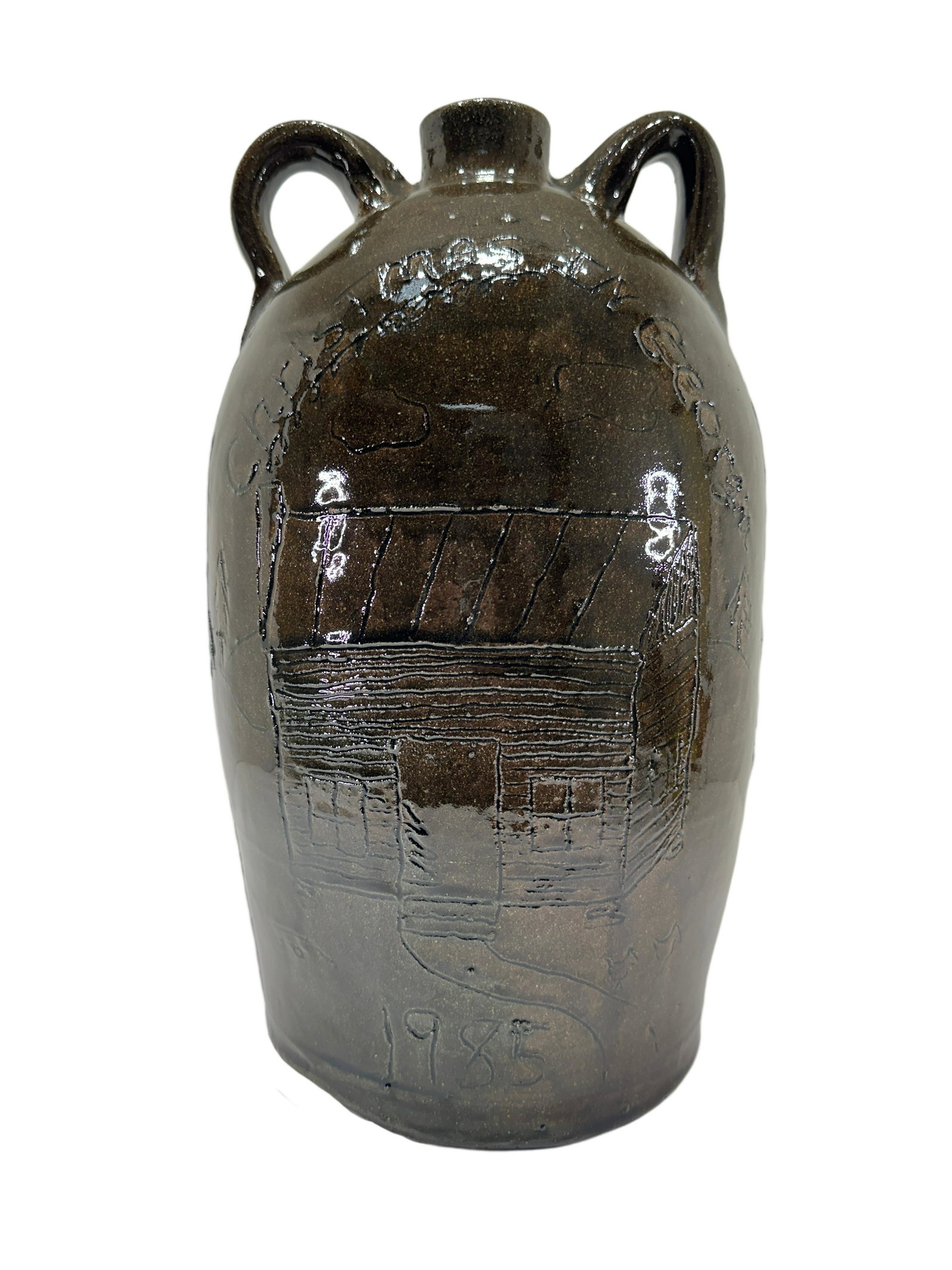 Chester Hewell Christmas Pottery Jug: Chester Hewell Christmas Pottery Jug. Double handle jug, signed Chester Hewell 1985 on bottom, also Merry Christmas From the Hewells in Gillsville, Christmas in GA 1985 on jug, Chester is signed alson