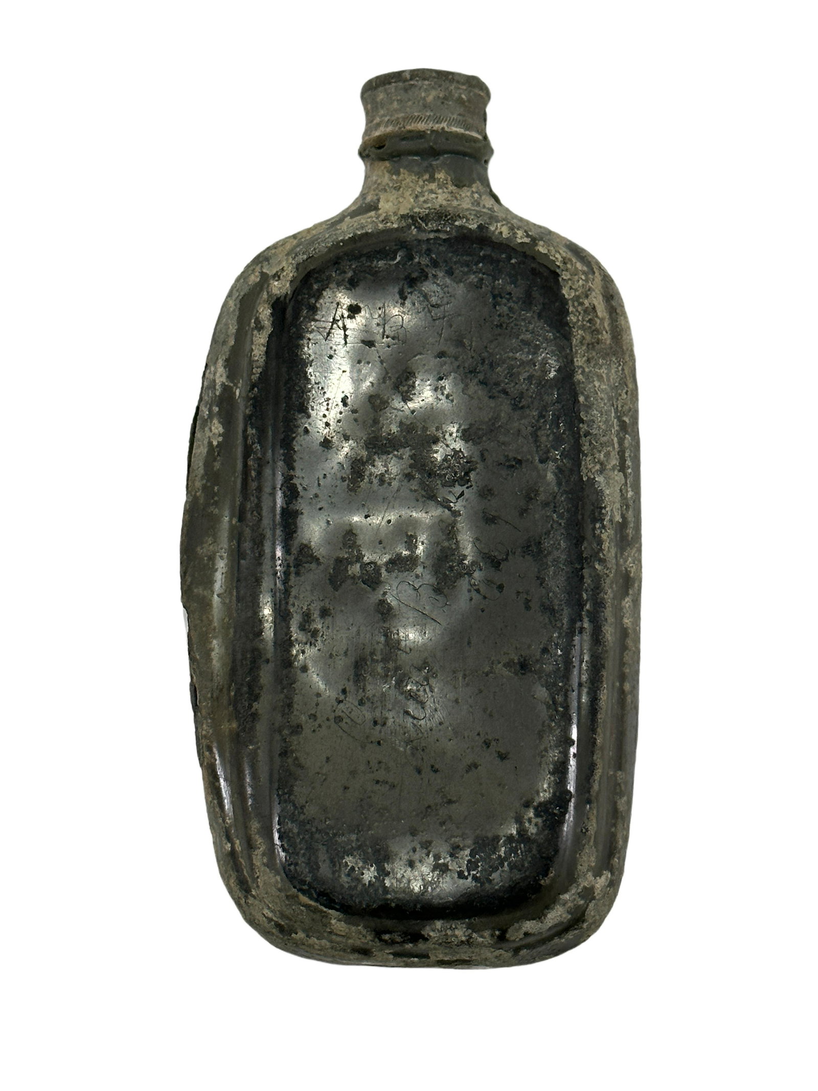 Circa 1750 Revolutionary War Battlefield Flask: Circa 1750 Revolutionary War Battlefield Flask. Purportedly found in Savannah , GA. Appears to be engraved Liet. B CEgR W. Relic condition. Top is epoxied shut. And is 7" long. From Collection of a we
