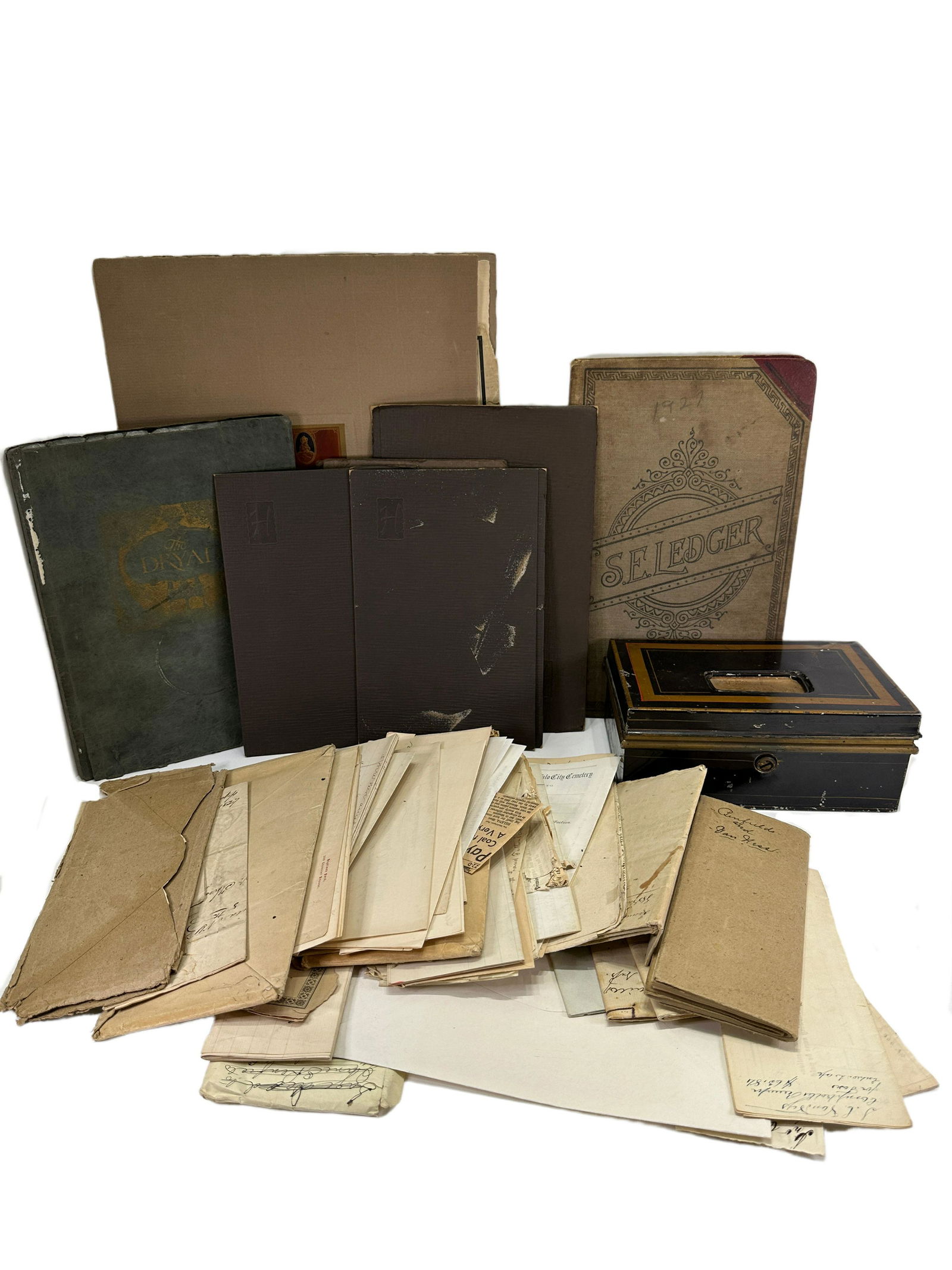 Metal Box with Memorabilla, Trinkets and Historical Archives Related to Montana: Metal Box with Memorabilla, Trinkets and Historical Archives retaled to Montana. From the Hoffman Estate in Bozeman, Montana. Engrave on box "EB Hoffman Bozeman, Mont." on side and is 3.25" x 5.25" x