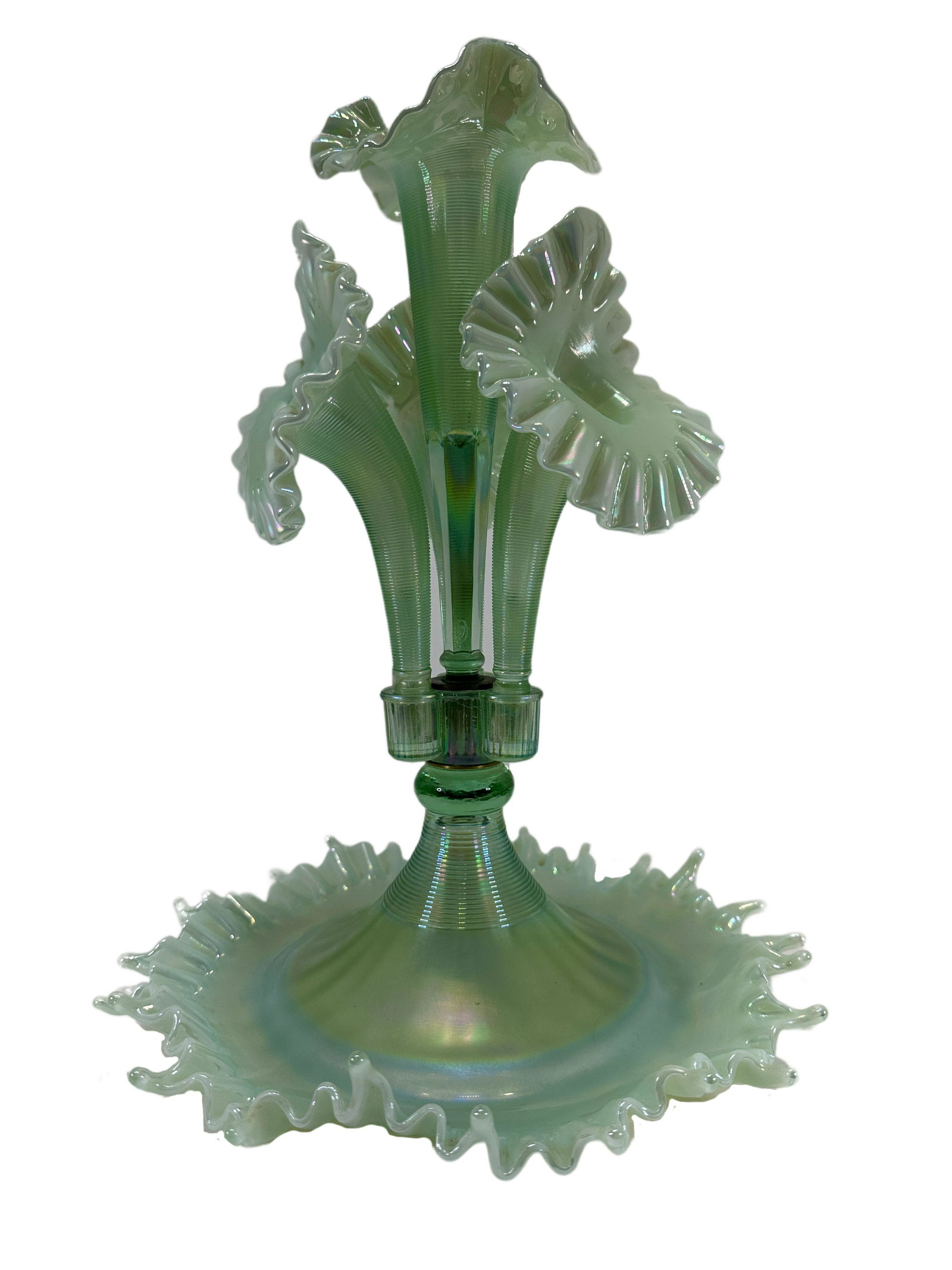 Willow Green Opalescent Fenton Epergne: Willow Green Opalescent Fenton Epergne. It’s a 4 horn Epergne, with "Fenton Cenntinal Collection 2000- 2005 # 44 and Signed Frank M. Fenton" on bottom, and is 16.5" tall.
