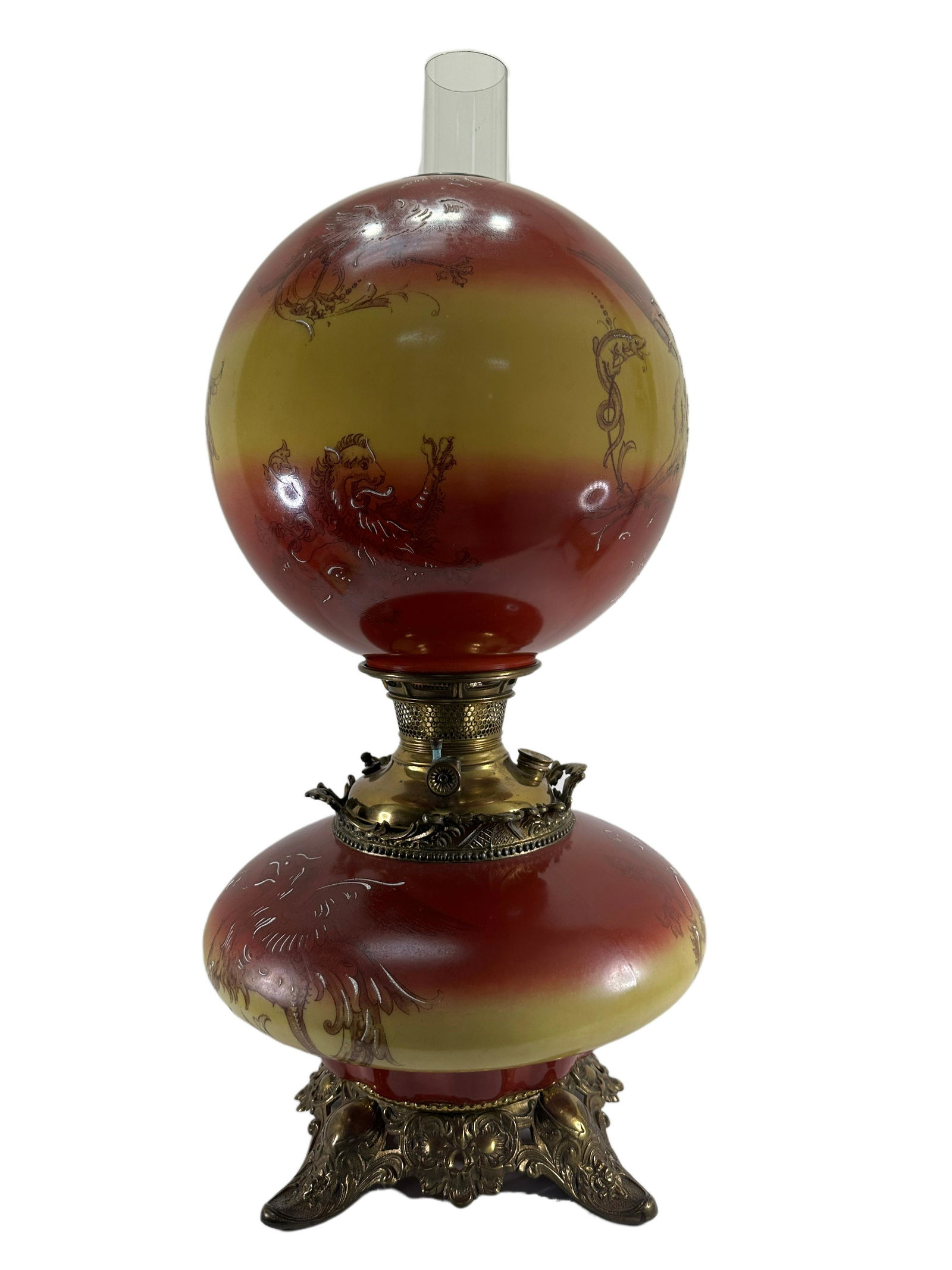 Bradley & Hubbard Dragon Painted Globe Electrified Oil Lamp: Bradley & Hubbard Dragon Painted Globe Electrified Oil Lamp. Brass Oil lamp that has been converted to electric. Is marked B & H on knob, and is 22" tall.