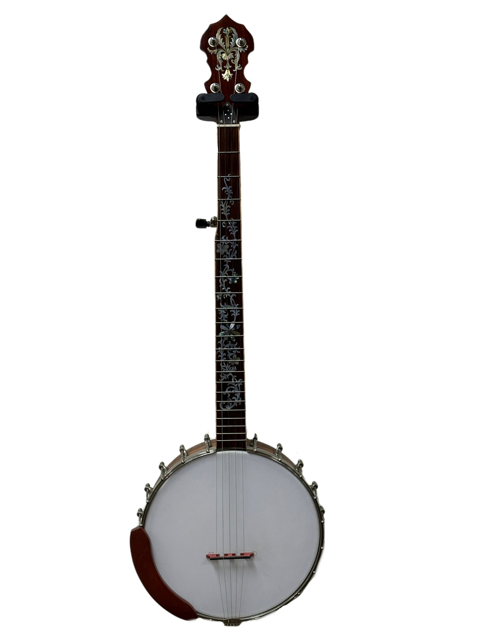 Vintage Custom Remo Weather King Banjo: Vintage Custom Remo Weather King Banjo. Highley engraved light finish of maple & marquetry. Refurbished in 2012 by manufactuer. Tone ring on fall spiker with 2 rods through rim. Head is Remo Weather K