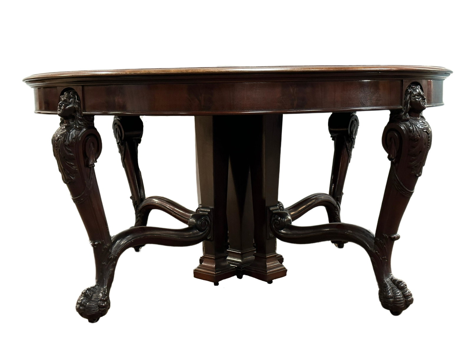 Victorian Mahogany Carved Cabriole Leg Dining Table: Victorian Mahogany Carved Cabriole Leg Dining Table. Ornate female carved cabriole legs. Table does extend but is missing leaves and is 30.25" x 60".