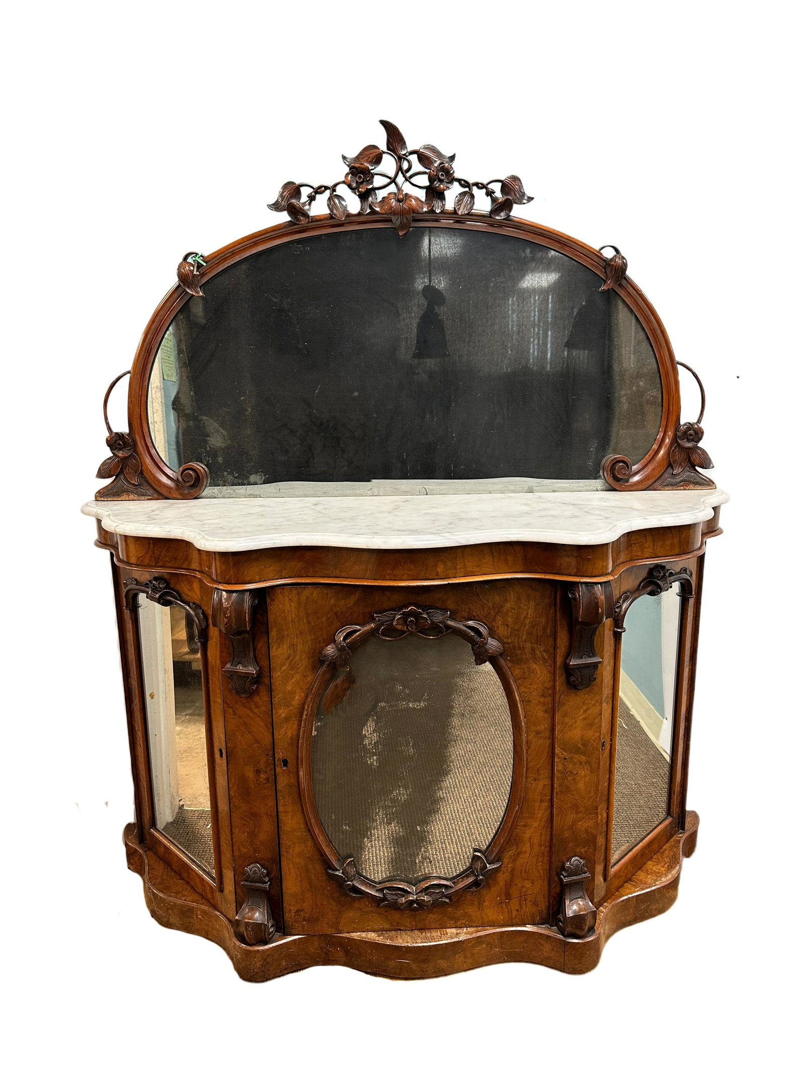 Victorian Burl Walnut Serpentine Credenza: Victorian Burl Walnut Serpentine Credenza. Has key. 62" x 53" x 17"