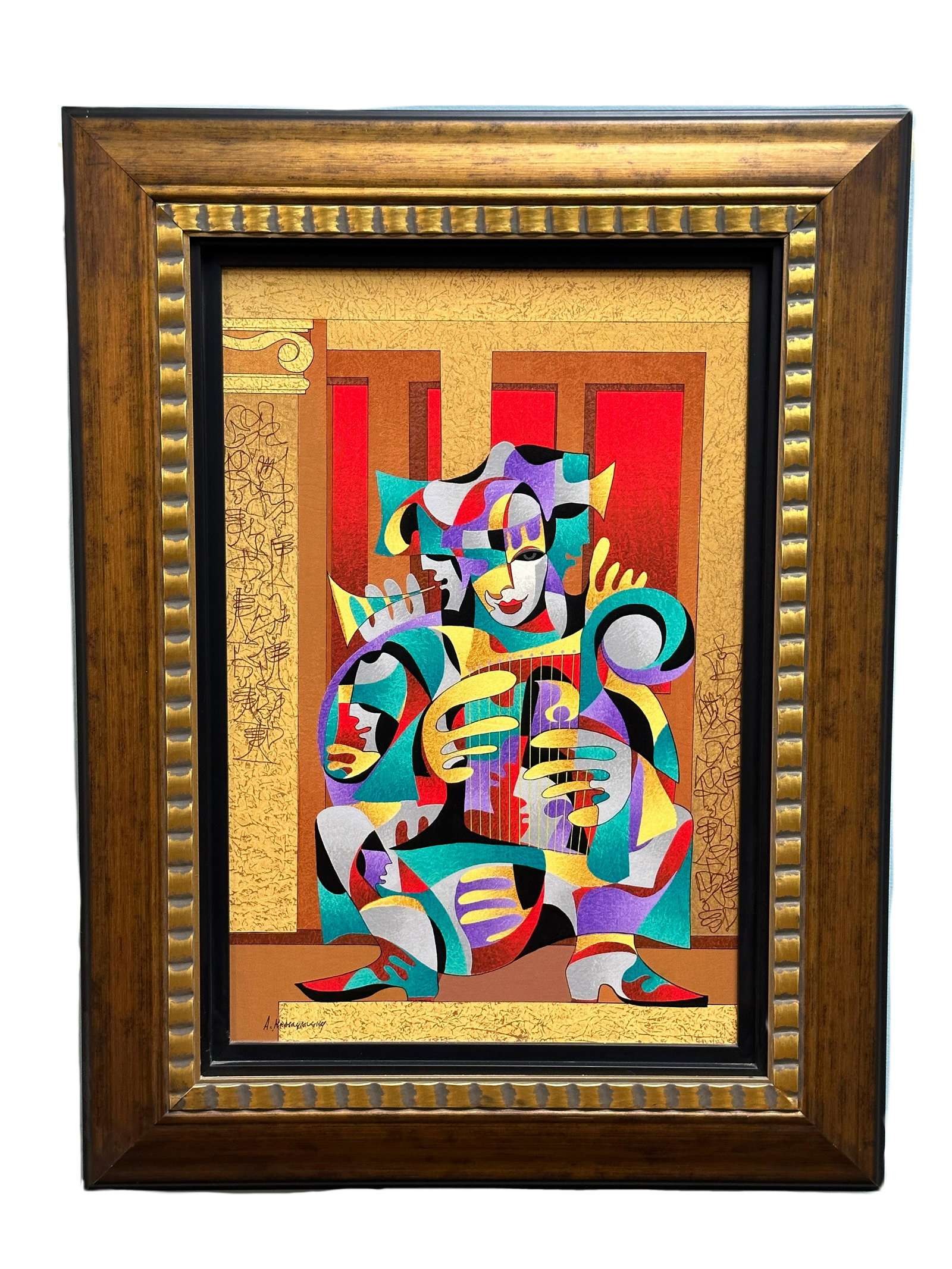Gold & Red with Harp Serigraph by Anatole Krashyansky: Gold & Red with Harp Serigraph by Anatole Krashyansky. Signed Serigraph on canvas with hand embellishment. From numbered edition 250 ( 100 artist proofs, 43 printer proofs and 3 bon tirer proof impres